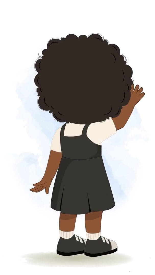 A little African girl saying hi in back third view animated vector cartoon character AKA Naomi