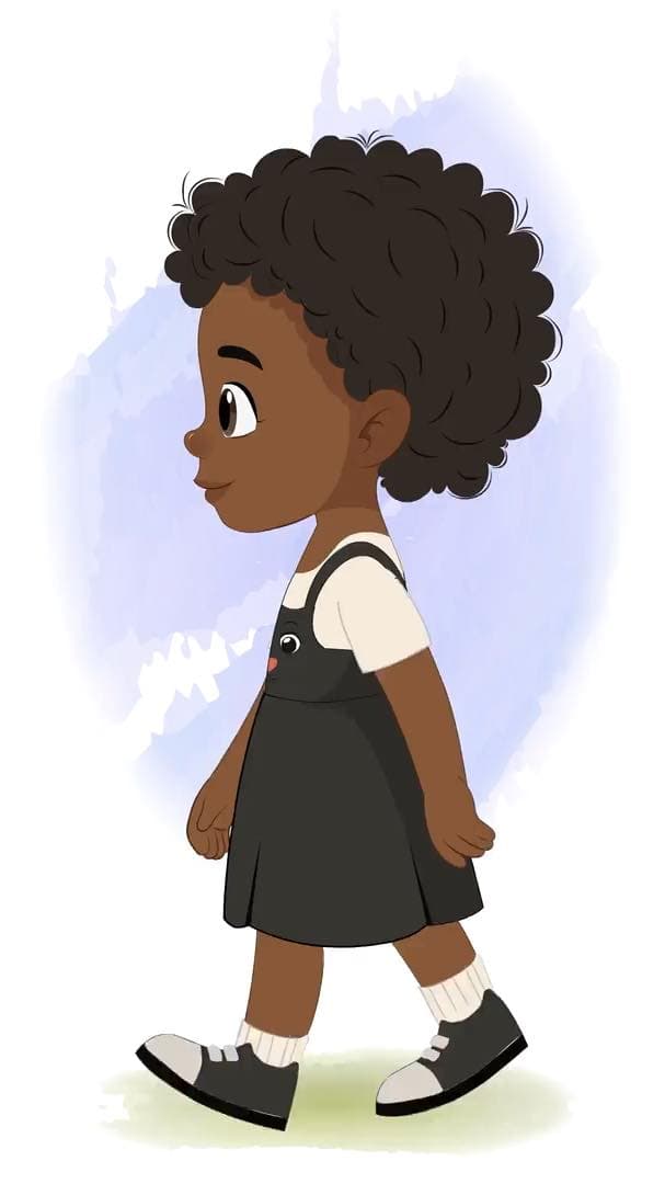 A little African girl side walking animated vector cartoon character AKA Naomi