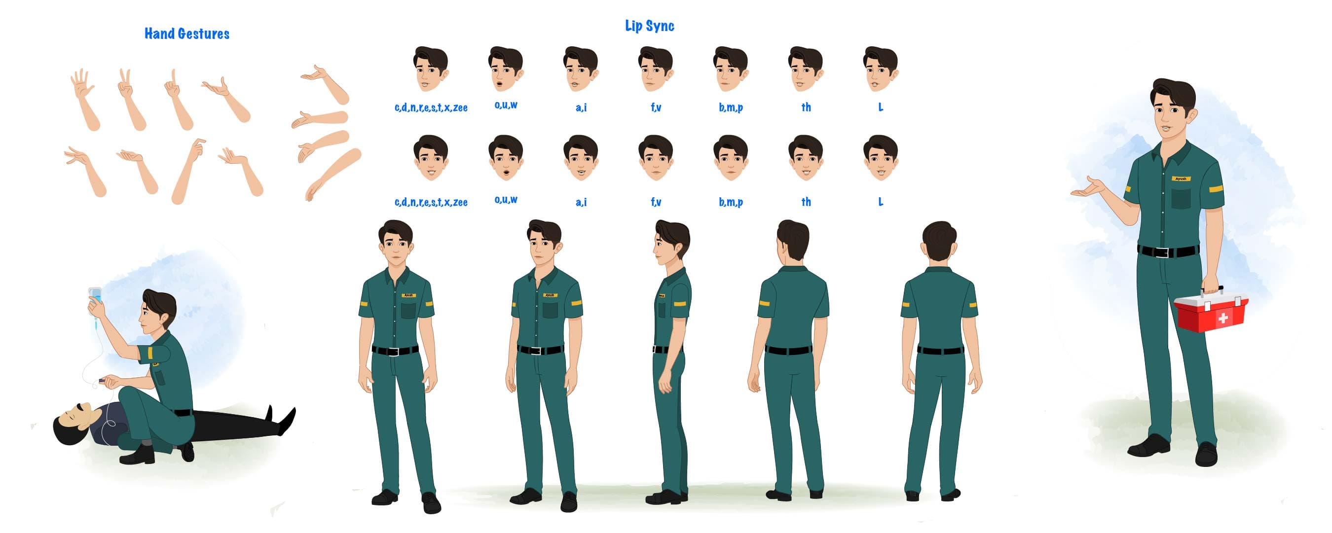 A paramedic man modesheet /turnaround pose hand gesture and lip-sync vector cartoon character set AKA Ben tennyson