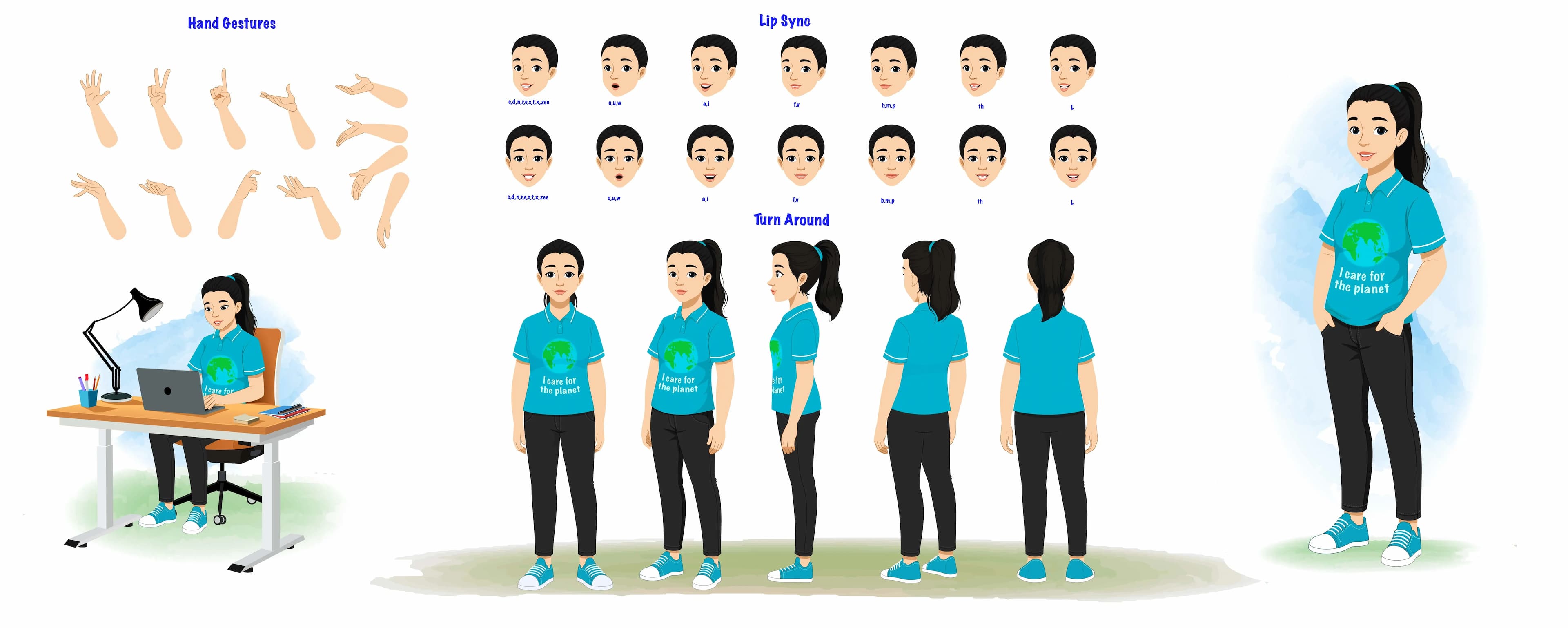 A office character model sheet with with lipsync and hand gesture aka Srishti
