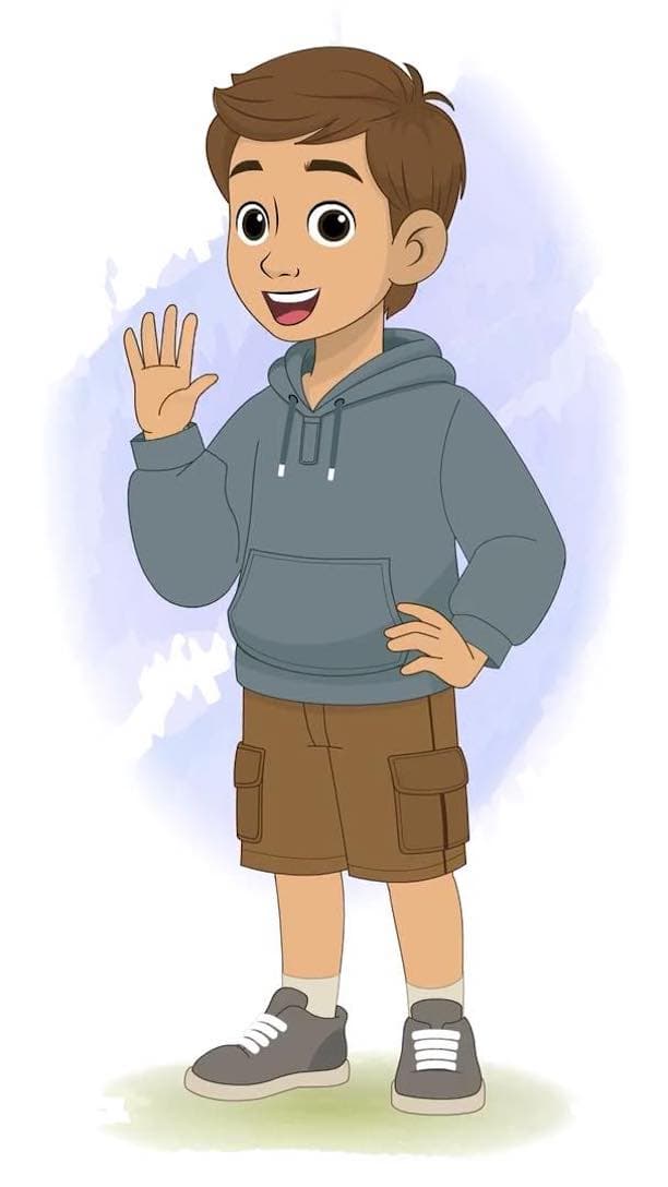 A young brown haired boy in hoodie saying hi animated vector cartoon character AKA Veeraj