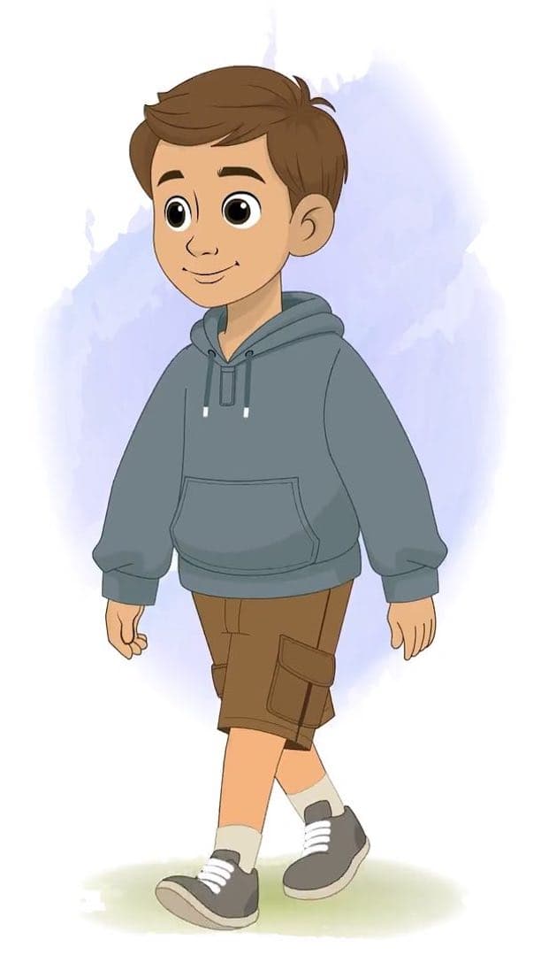 A young brown haired boy in hoodie walking animated vector cartoon character AKA Veeraj