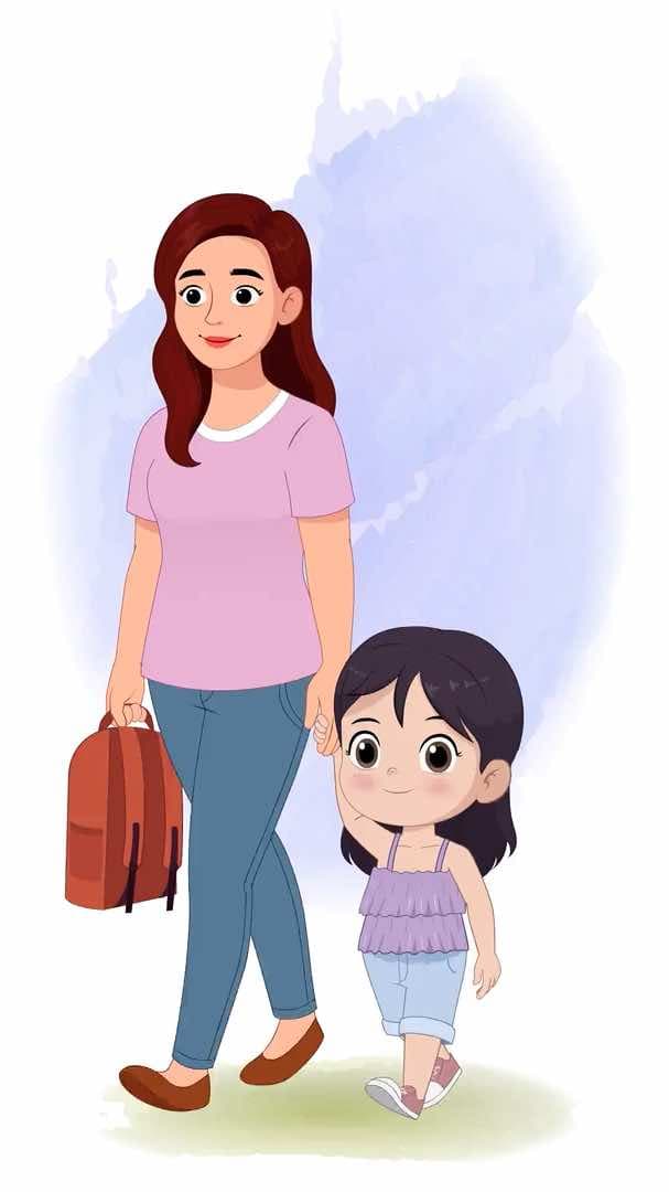 A pretty young woman walking with her daughter animated vector cartoon character AKA Emily