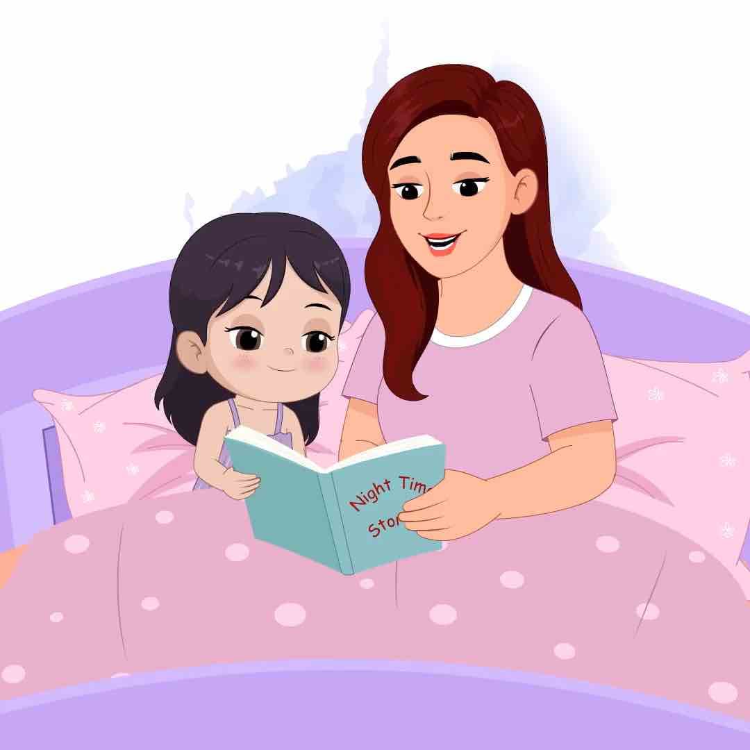 A pretty young woman reading story with daughter at bedtime animated vector cartoon character AKA Emily