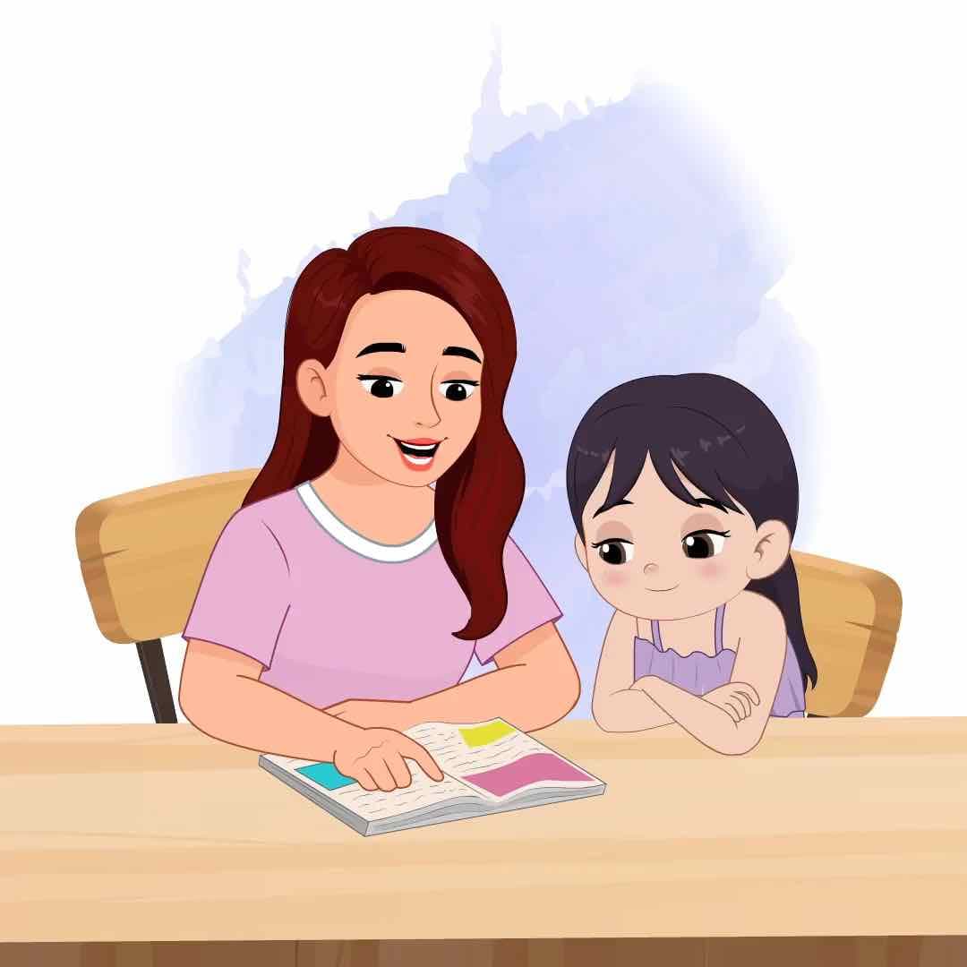 A pretty young woman teaching her daughter animated vector cartoon character AKA Emily