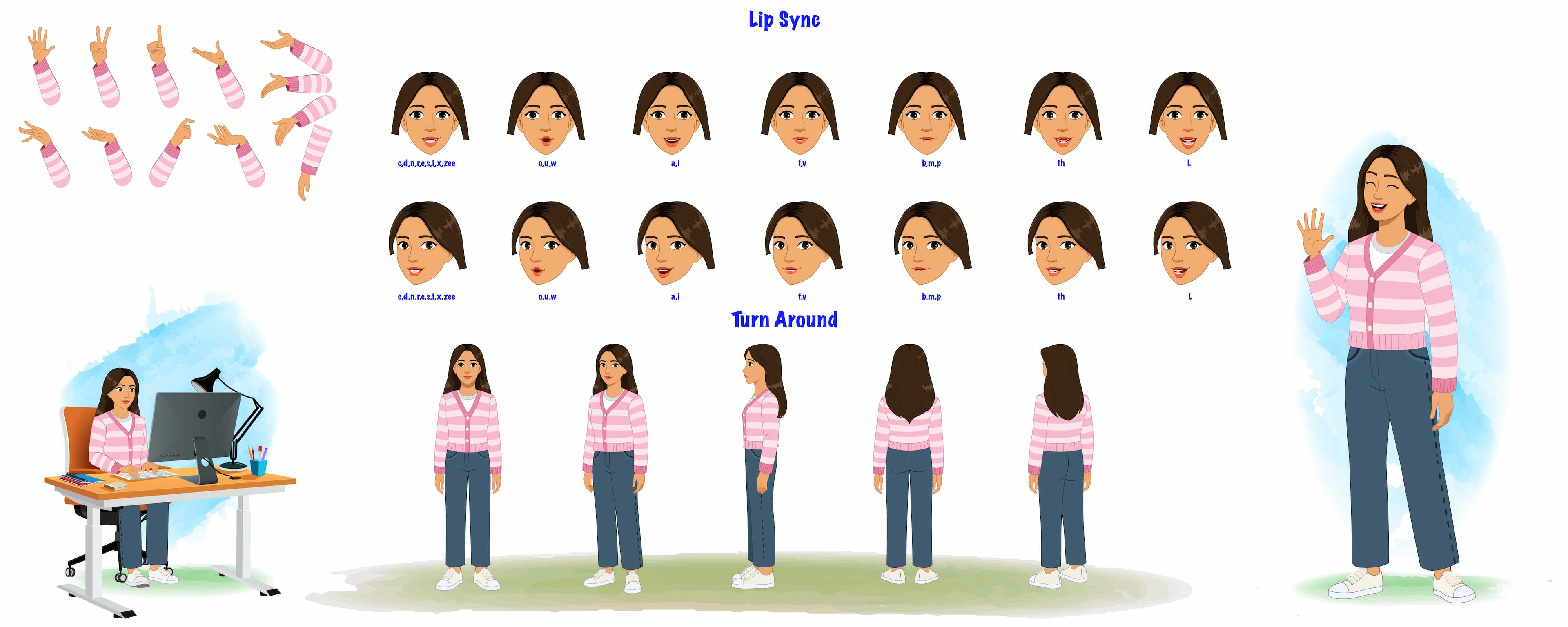 A pretty woman in pink sweater modelsheet/turnaround pose hand gesture and lip-sync vector cartoon character set AKA Senorita