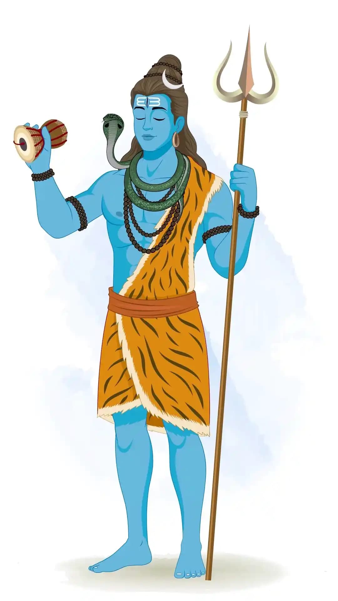 Vector illustration of Lord Shiva standing in a calm meditative stance, eyes closed, right hand raised playing the damru drum, left hand holding the trident (trishul), adorned with tiger‑skin garment, rudraksha malas, and a cobra around his neck AKA Lord Shiva