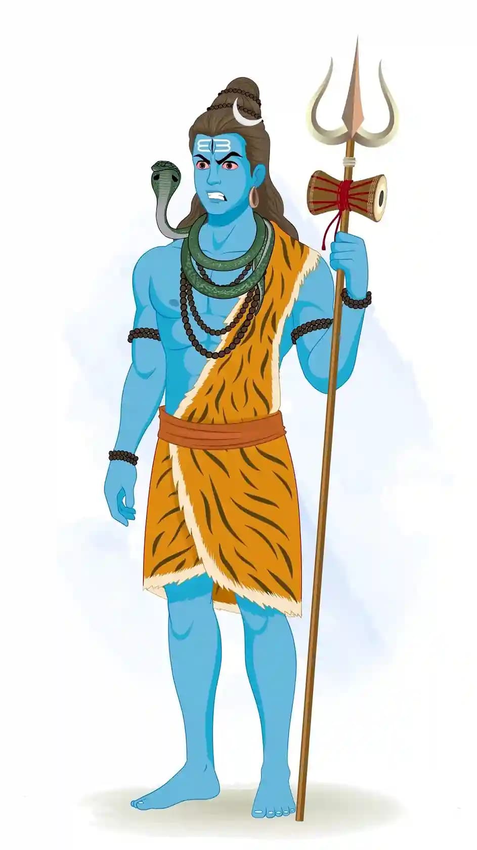 Vector illustration of Lord Shiva in a one‑third three‑quarter view with furrowed brows and bared teeth, holding his trident (trishul) and damaru, expressing anger AKA Lord Shiva