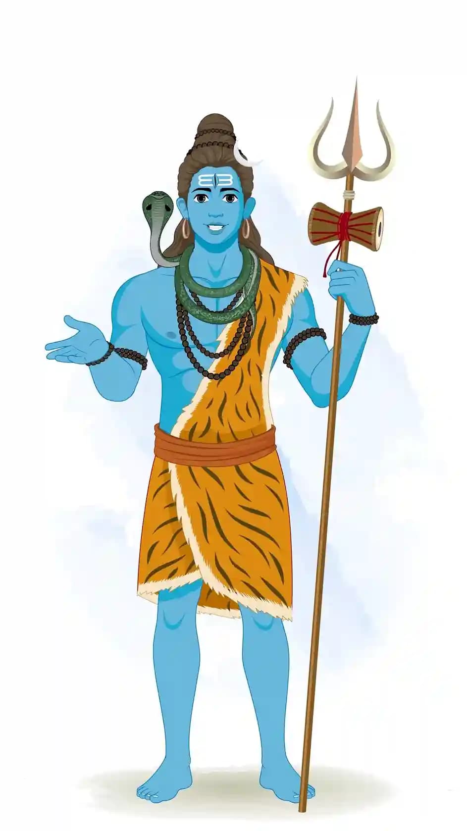 Vector illustration of Lord Shiva in a front‑facing view, standing upright with one hand gesturing in a friendly speaking pose, serene expression, holding his trident (trishul) and damaru, ideal for dialogue or narration scenes AKA Lord Shiva