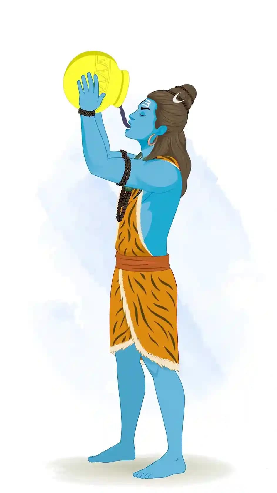 Vector illustration of Lord Shiva in profile view lifting a golden pot to his lips, consuming poison from the pot in a mythological depiction of the Samudra Manthan event AKA Lord Shiva
