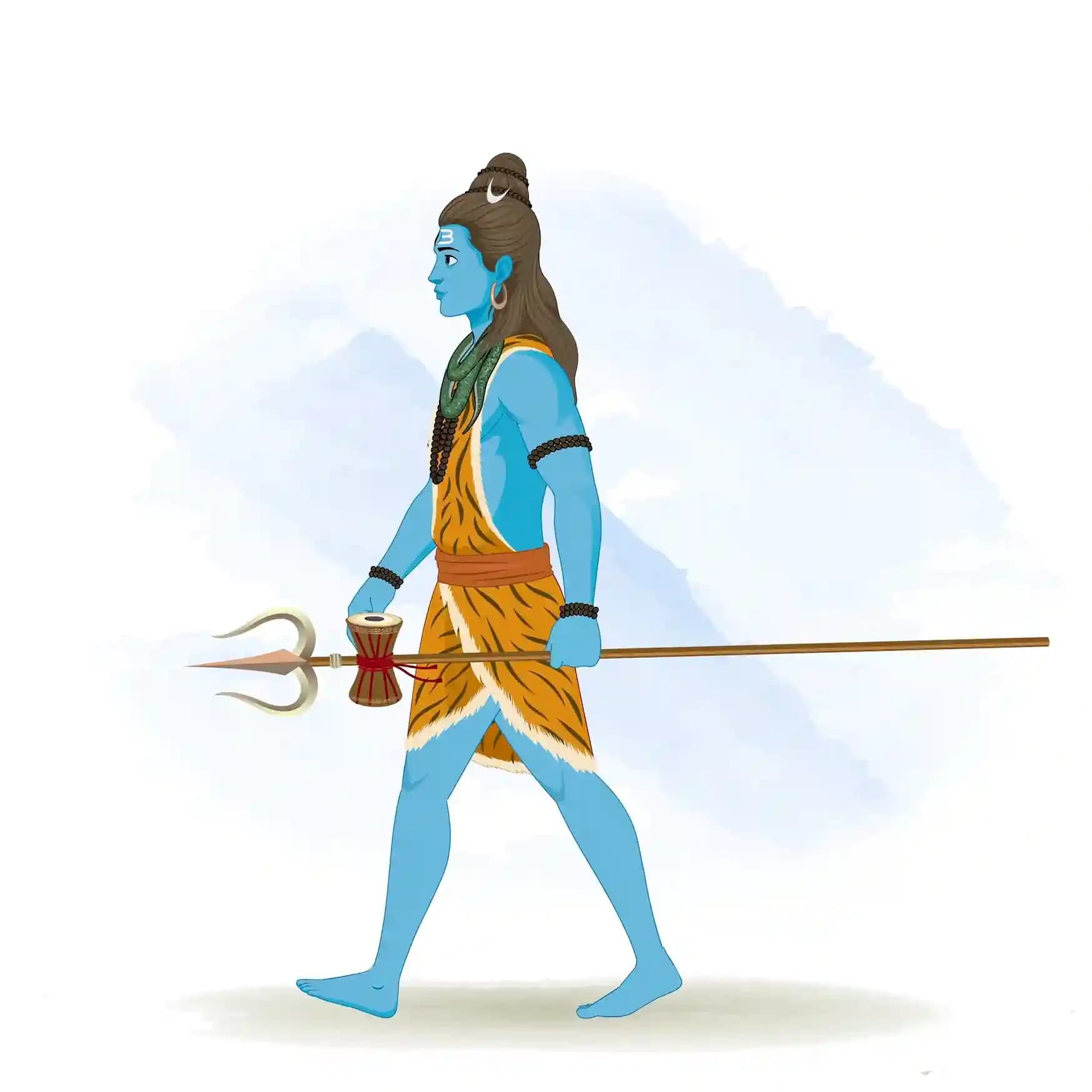 Vector illustration of Lord Shiva walking in profile view from the left, holding his trident (trishul) horizontally by his side, serene forward gaze, dynamic stride in a meditational journey pose AKA Lord shiva