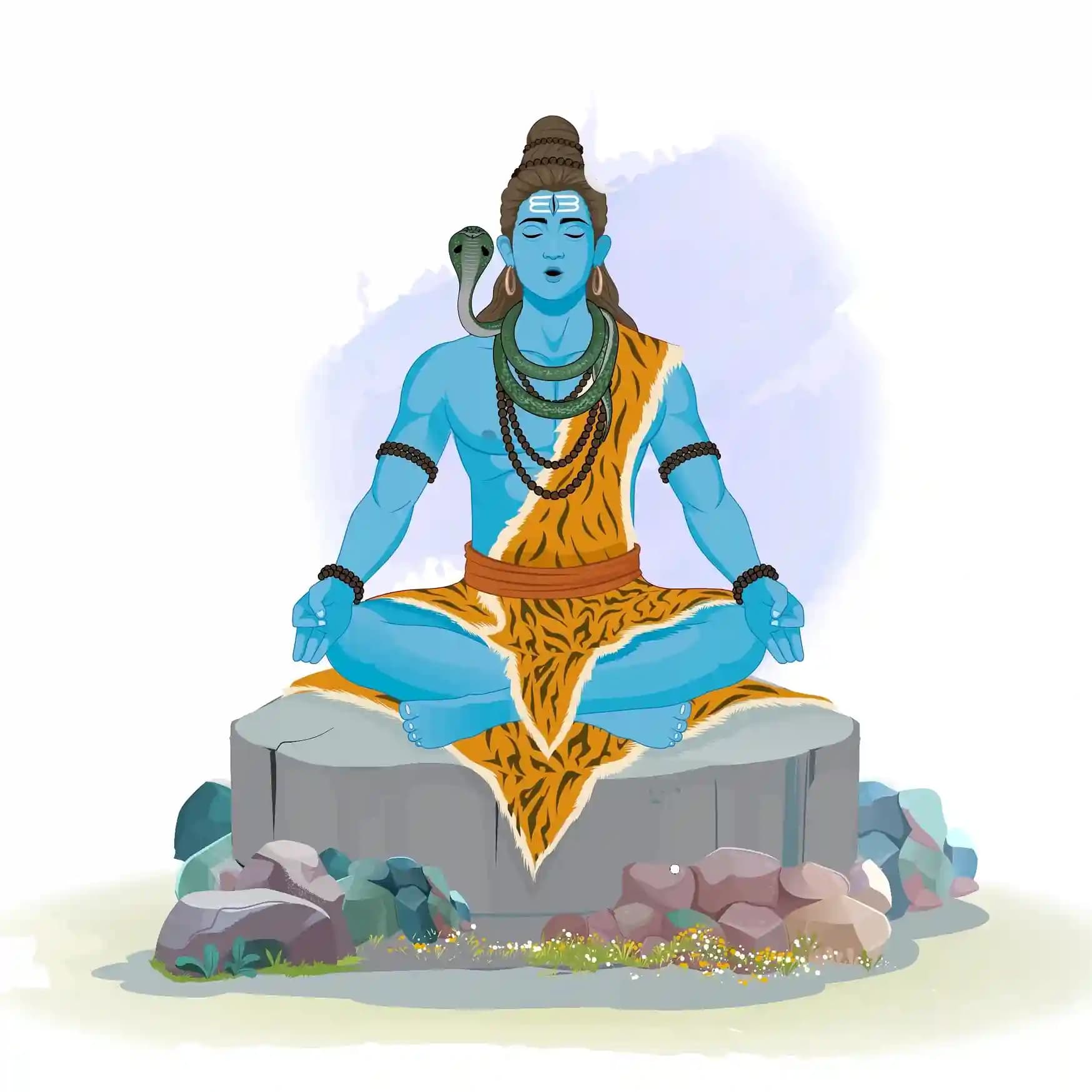 Vector illustration of Lord Shiva seated in a lotus posture on a rocky pedestal, eyes closed in deep meditation (tapasya), with matted hair, cobra coiled around his neck, tiger‑skin drape, and tranquil expression AKA Lord Shiva