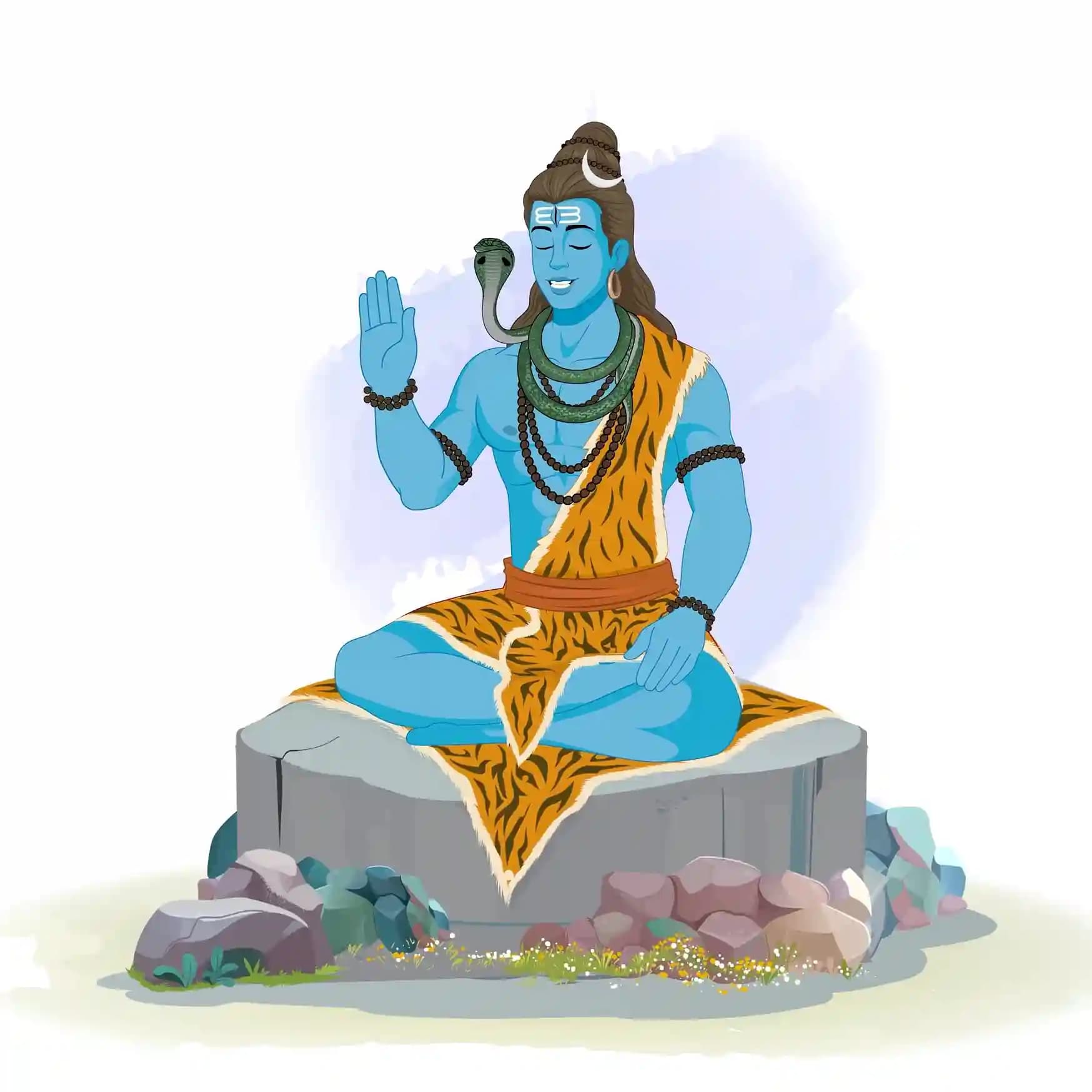 Vector illustration of Lord Shiva seated cross‑legged on a stone pedestal in a three‑quarter view, one hand raised in blessing (aashirvaad) mudra, serene meditative expression, wearing tiger‑skin garment with cobra around his neck AKA Lord Shiva