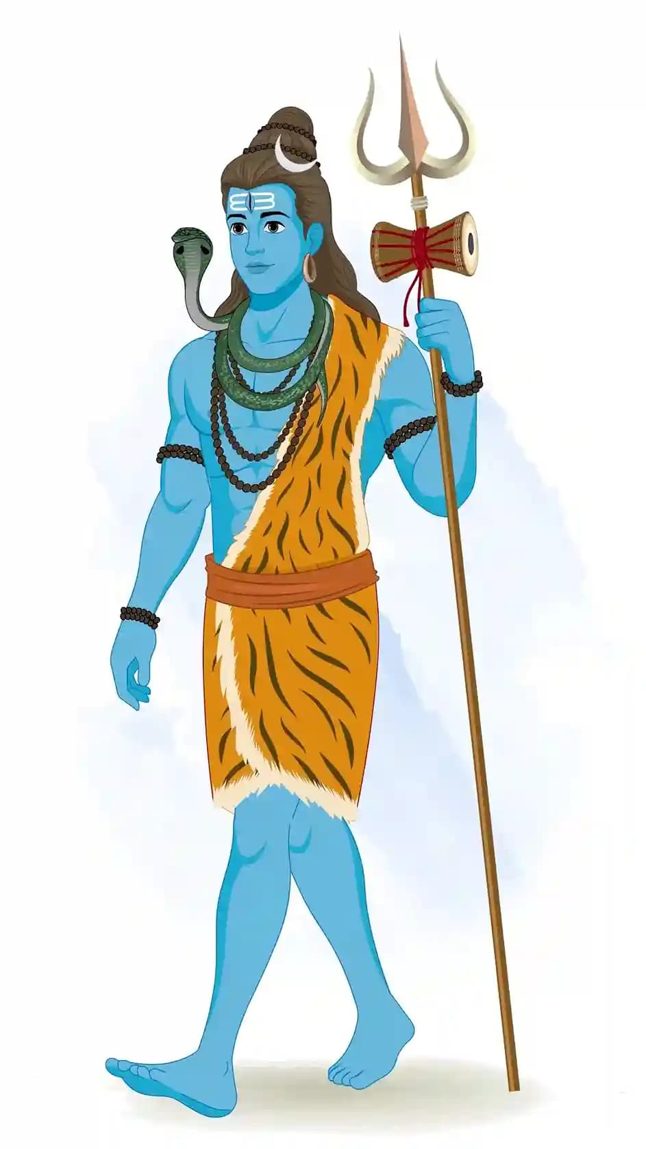 Vector illustration of Lord Shiva in a one‑third profile view walking gracefully to the right, holding his trident (trishul) in his left hand, serene dignified expression in a mythological deity depiction AKA Lord Shiva