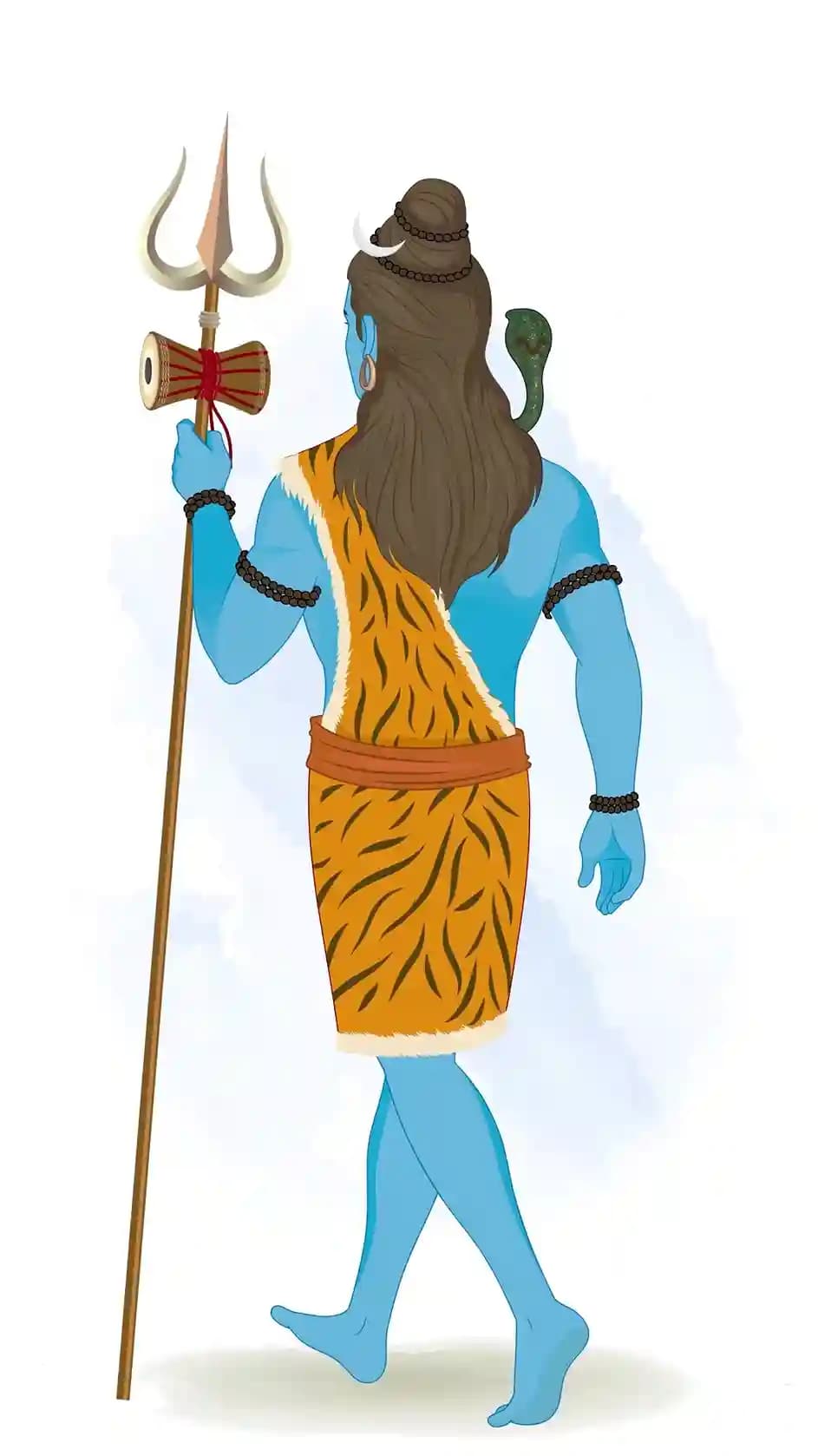 Vector illustration of Lord Shiva seen from a back three‑quarter view, walking with his trident (trishul) in hand and damaru strapped, serene spiritual journey stance in mythological deity form AKA Lord Shiva