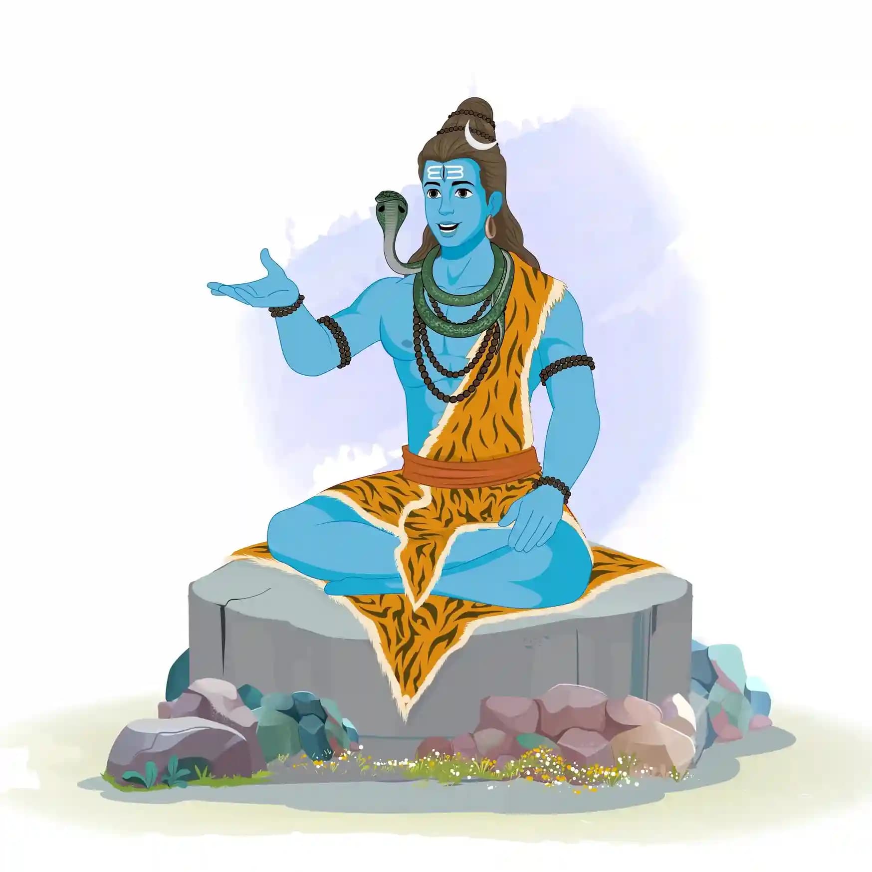 Vector illustration of Lord Shiva seated in lotus posture on a stone pedestal, one hand gesturing outward as if speaking, serene engaging expression, shown in a one‑third three‑quarter view with his tiger‑skin garment and sacred cobra around his neck AKA Lord Shiva