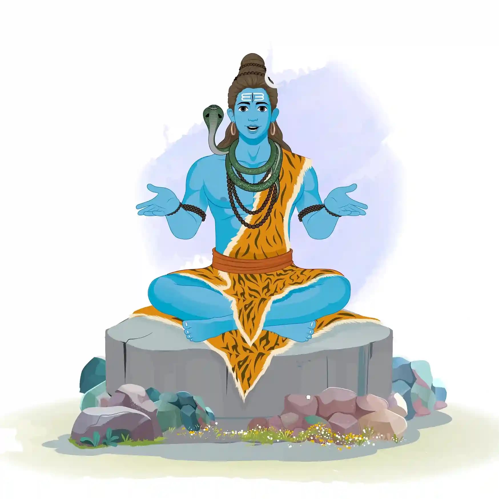 Vector illustration of Lord Shiva seated in lotus posture on a rocky platform, front view, arms open in a welcoming discourse gesture, serene smile, adorned with tiger‑skin cloth, rudraksha malas, cobra around his neck, trident (trishul) resting by his side AKA Lord Shiva