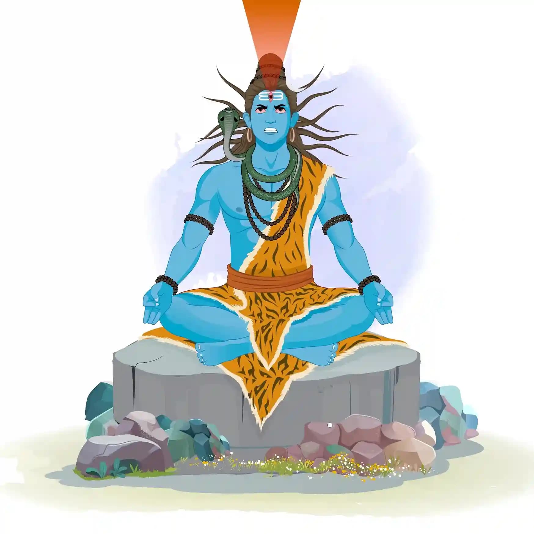 Vector illustration of Lord Shiva seated in a lotus meditation pose on a rocky platform, hair flowing wildly as his third eye opens and emits a glowing red energy beam upward, adorned with a cobra around his neck, holding trident (trishul) and damaru, wearing tiger‑skin cloth and rudraksha beads AKA Lord Shiva