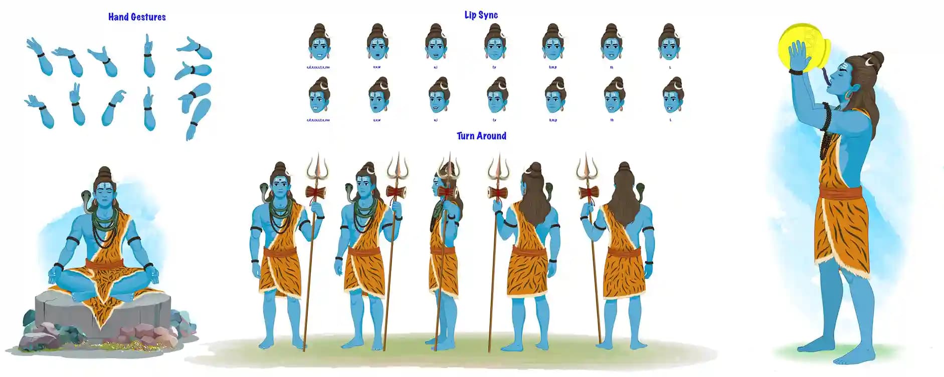 Comprehensive vector model sheet of Lord Shiva in still‑illustration style, featuring 8 directional turn‑around poses (front, 3/4, side, back‑3/4, back), 12 distinct hand‑gesture vectors, 12 lip‑sync face‑poses for phonemes, a seated meditation pose, and a full‑height drinking‑poison stance. Includes his trademark trident (trishul), damaru, tiger‑skin garment, cobra adornment, and rudraksha malas AKA lord shiva