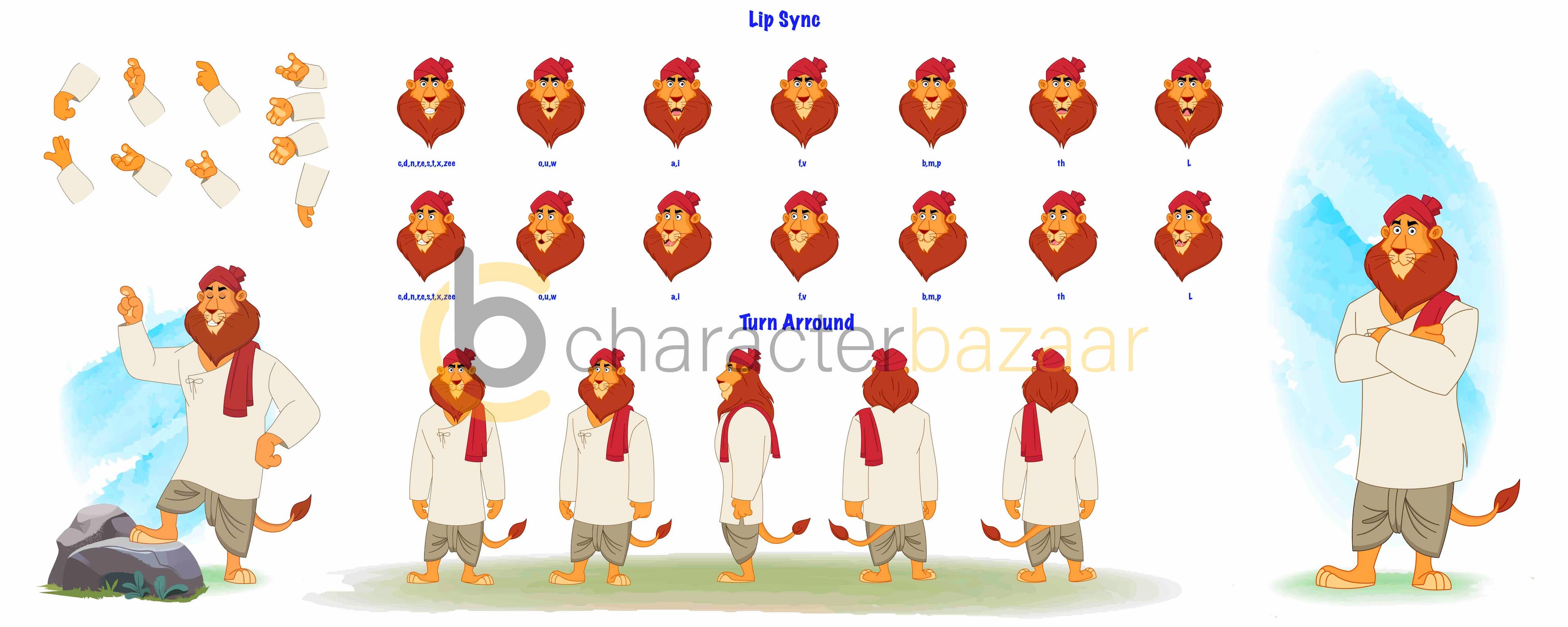 lion cartoon character construction/model sheet