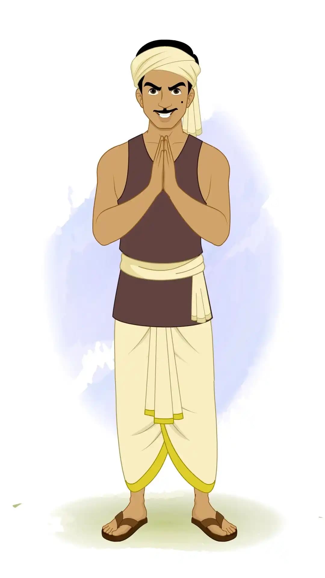 Front view of an Indian thief cartoon character in dhoti and turban performing a respectful namaste gesture AKA Teza