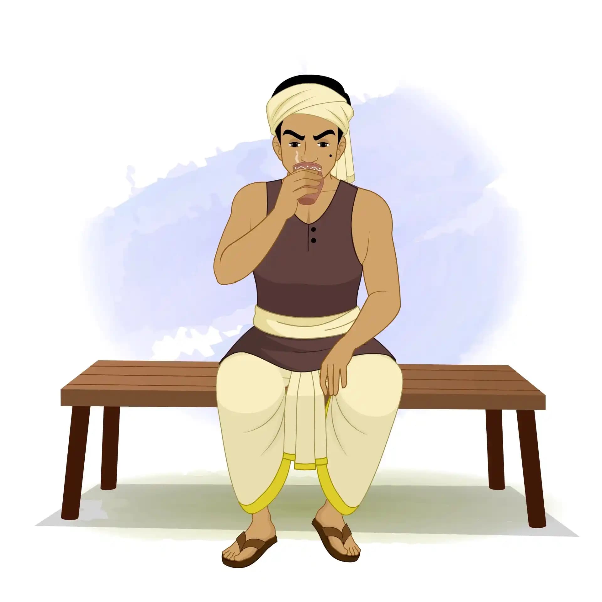 A cartoon Indian thief sits on a wooden bench, sipping hot tea from a traditional clay kulhad, wearing a turban and dhoti AKA Teza
