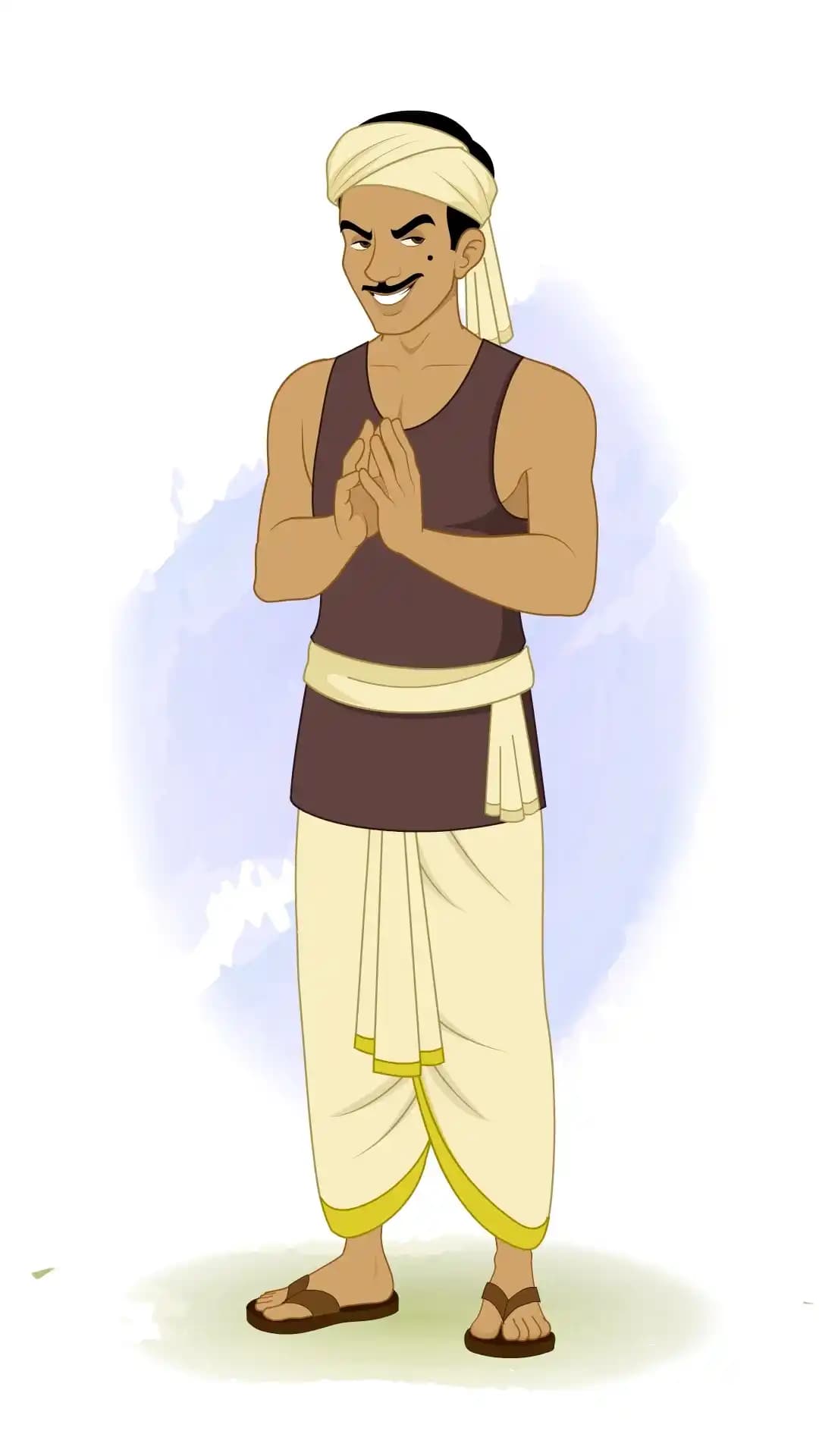 2D vector illustration of a sly Indian thief standing front‑facing with fingertips pressed together and a cunning smile, wearing dhoti and turban AKA Teza