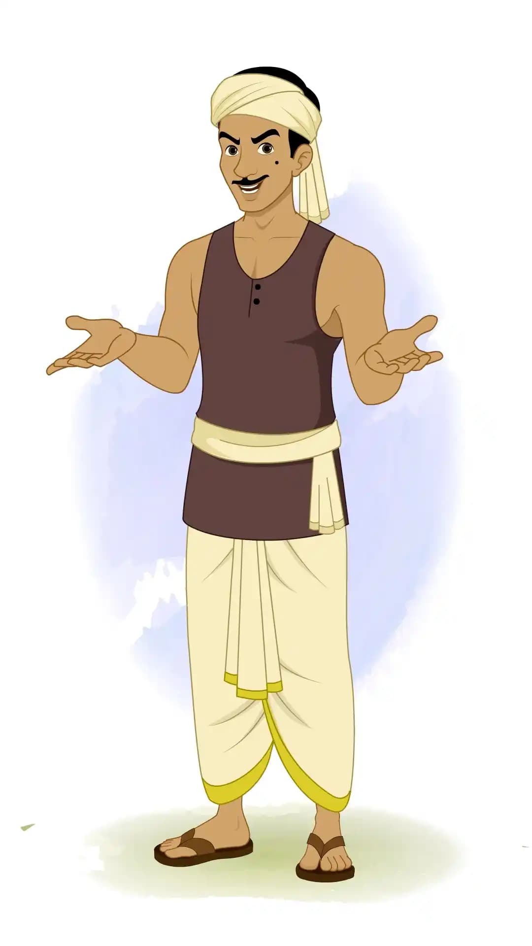 Cartoon Indian thief in a one‑third view talking pose with expressive outstretched hands, wearing dhoti and turban, ready for 2D rigged animation AKA Teza