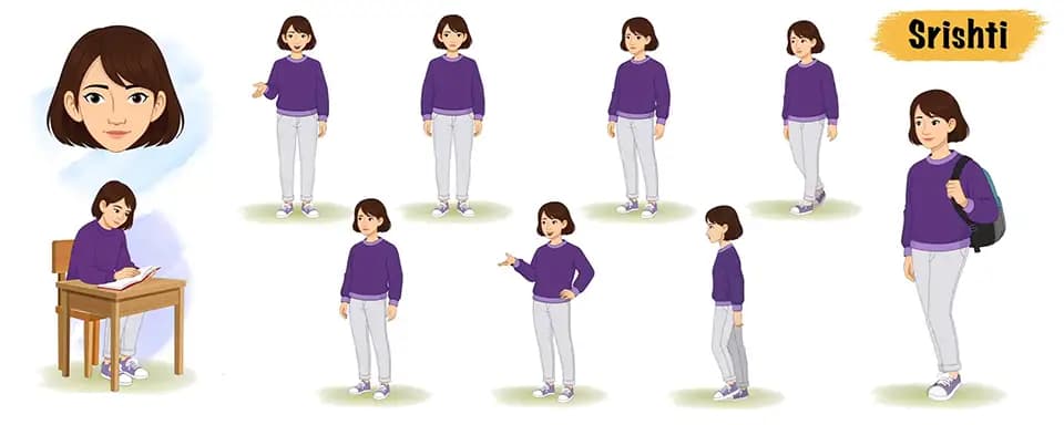A pretty young girl animated vector cartoon character model sheet AKA Srishti