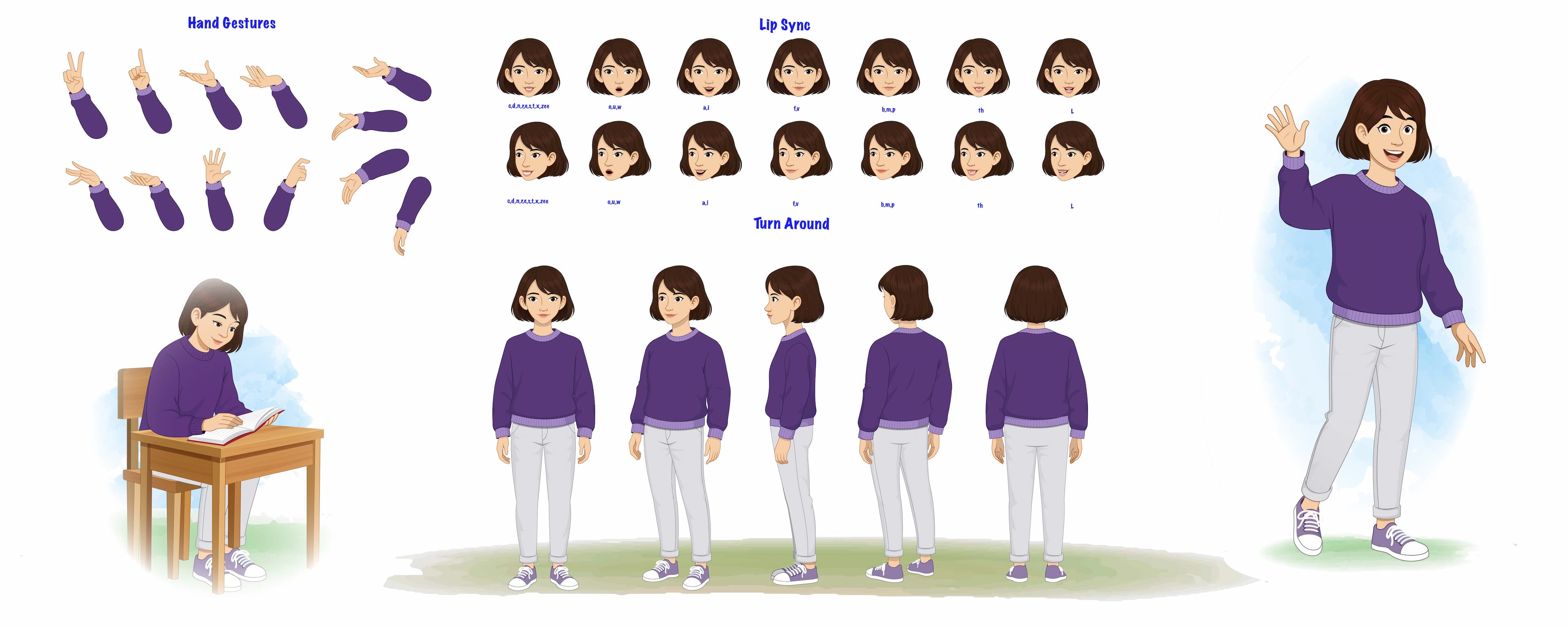 A pretty young girl model sheet, turnaround pose hand gesture and lip-sync set AKA Srishti