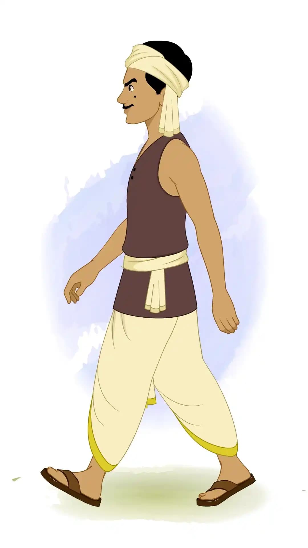 Side view of an animated Indian thief character walking stealthily, wearing a dhoti, turban, and sandals with hands swinging AKA Teza