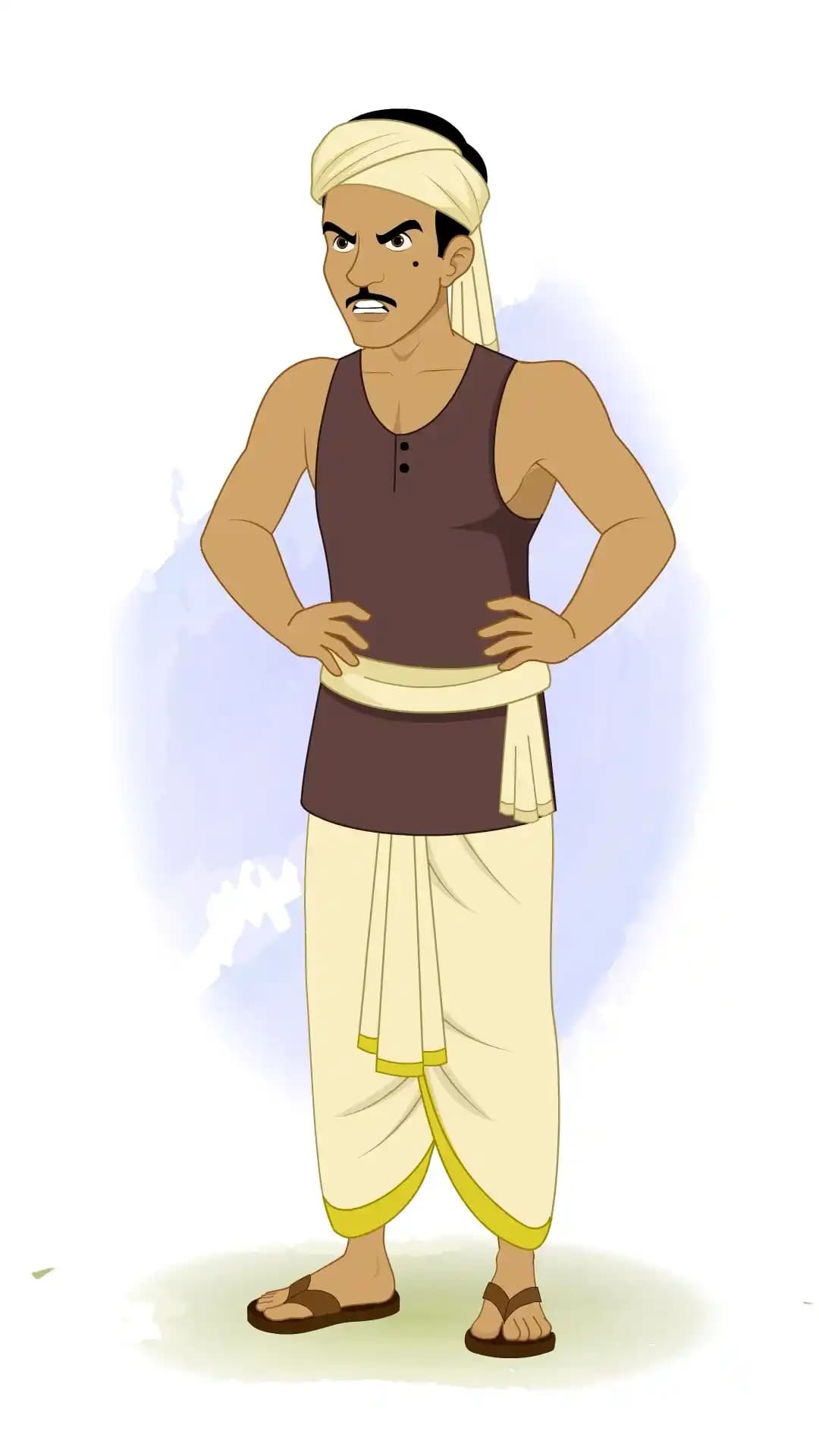 Front view of an angry Indian thief standing with hands on hips, wearing dhoti and turban, expressing rage AKA Teza