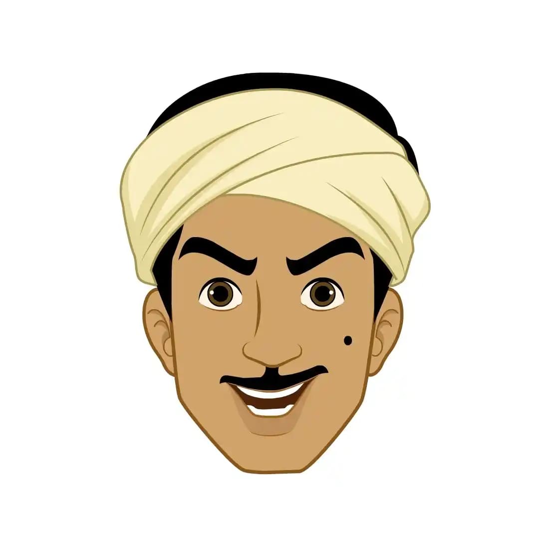 A vector model sheet showcasing 30 distinct facial expressions of an Indian thief character in front view: neutral, happy, smiling (cunning), sad, angry, annoyed, confused, thinking, frightened, surprised, shocked, worried, excited, bored, disgusted, skeptical, curious, embarrassed, laughing, grinning (teeth), smirk, yawning, winking, blinking, and six lip‑sync mouth shapes (“A,” “O,U,W,” “M,B,P,” “F,V,” “Th,” “L”) AKA Teza