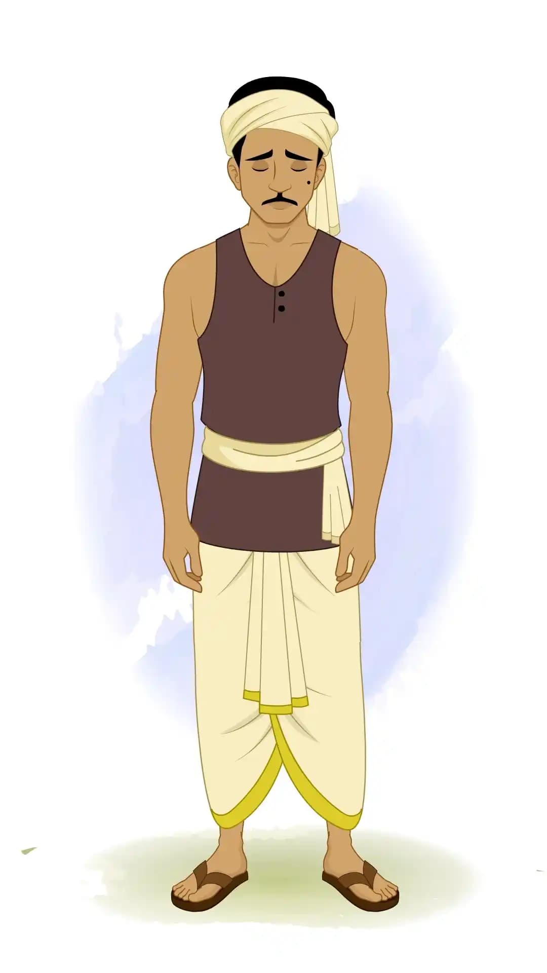 Front view of a cartoon Indian thief looking sad with downcast eyes and drooped shoulders, ready for 2D rigged animation AKA Teza