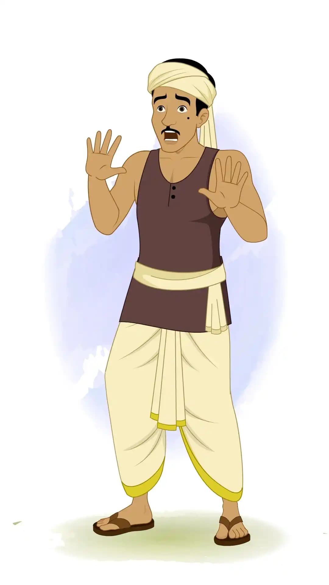 Front view of an Indian thief cartoon character in dhoti and turban with hands raised in a frightened expression AKA Teza