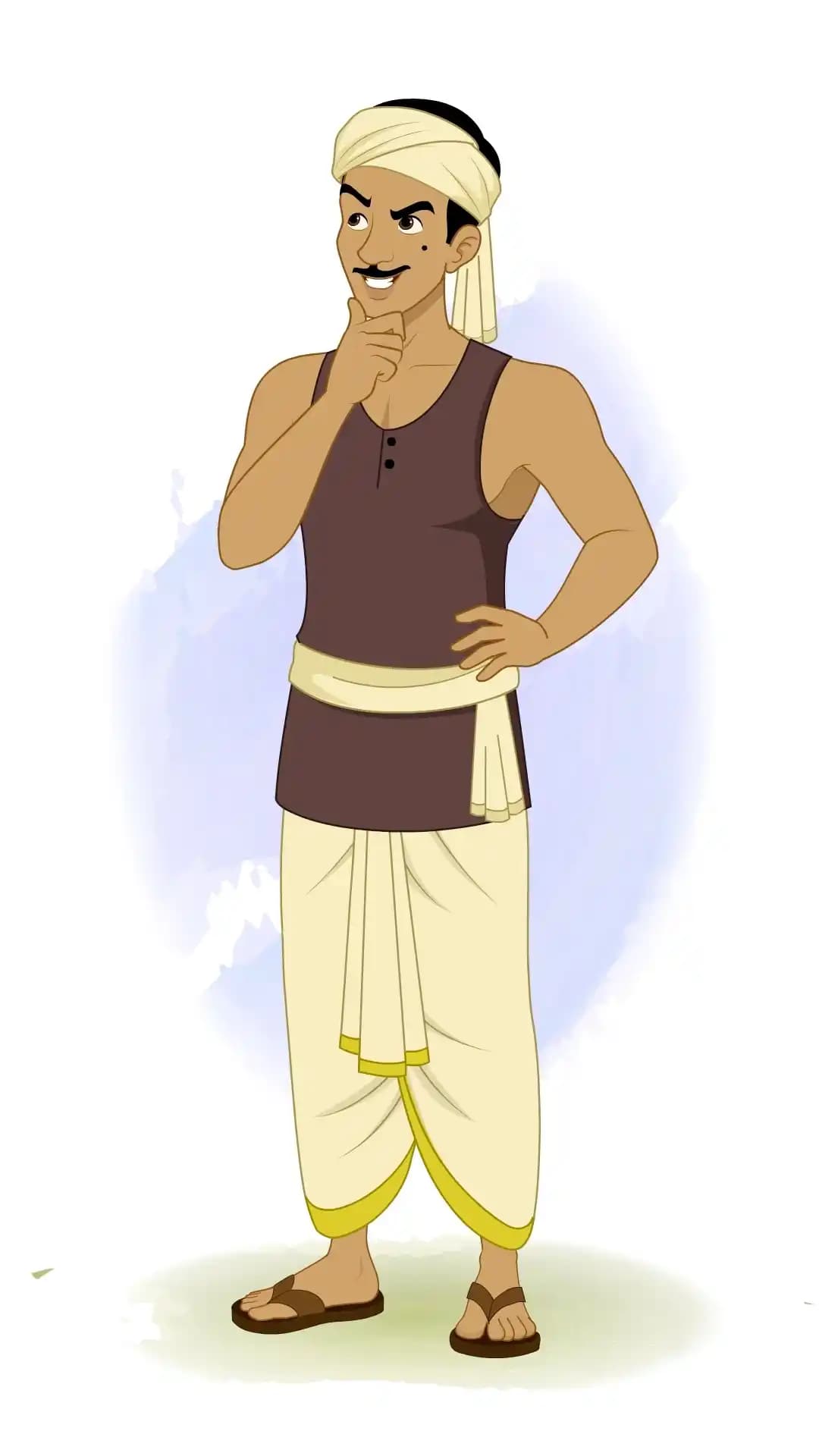Cartoon Indian thief in a one‑third view “thinking” pose, hand on chin, wearing dhoti and turban, ready for 2D rigged animation AKA Teza