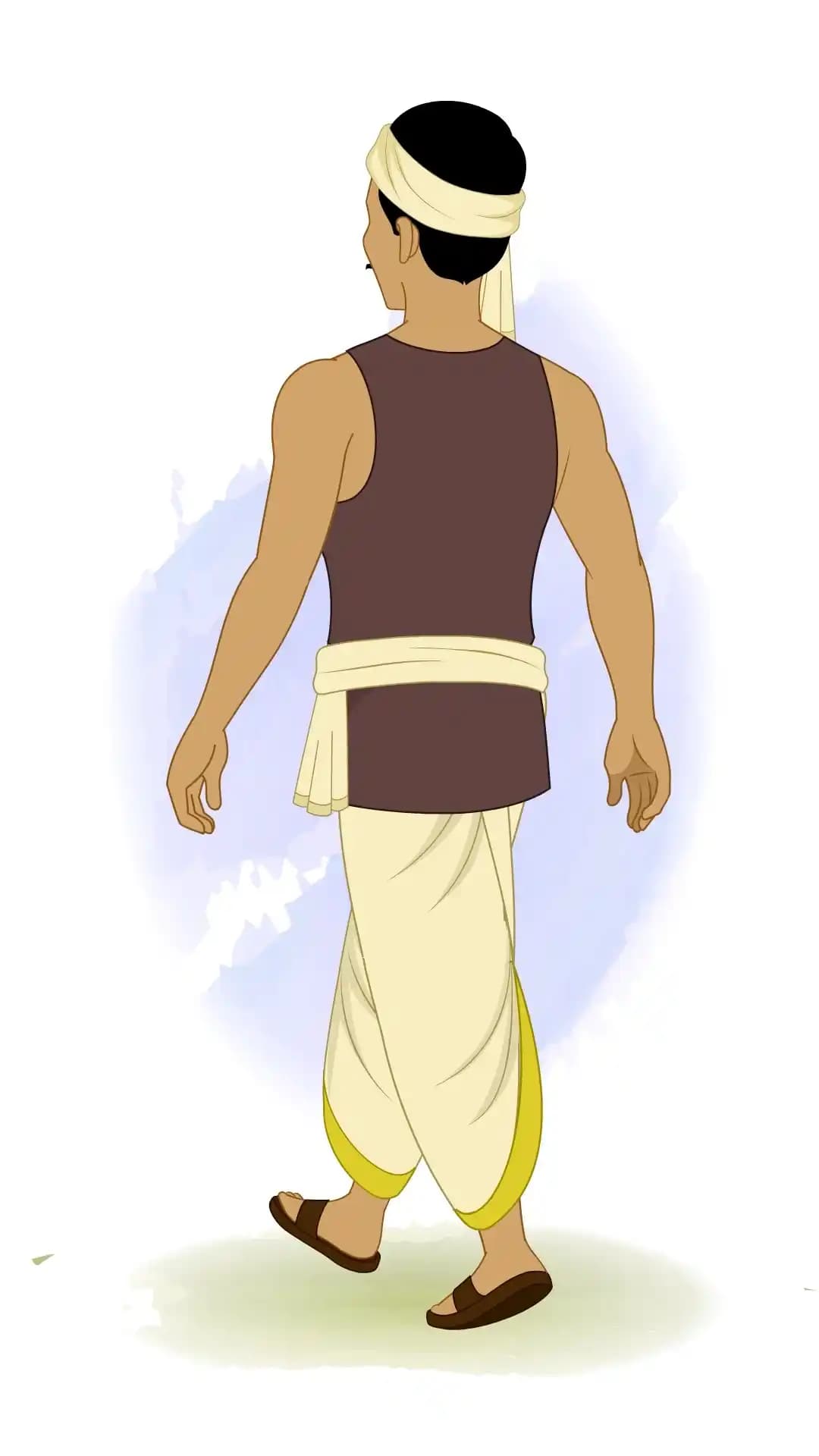 Back three‑quarter view of a cartoon Indian thief in dhoti and turban walking away with one foot forward AKA Teza
