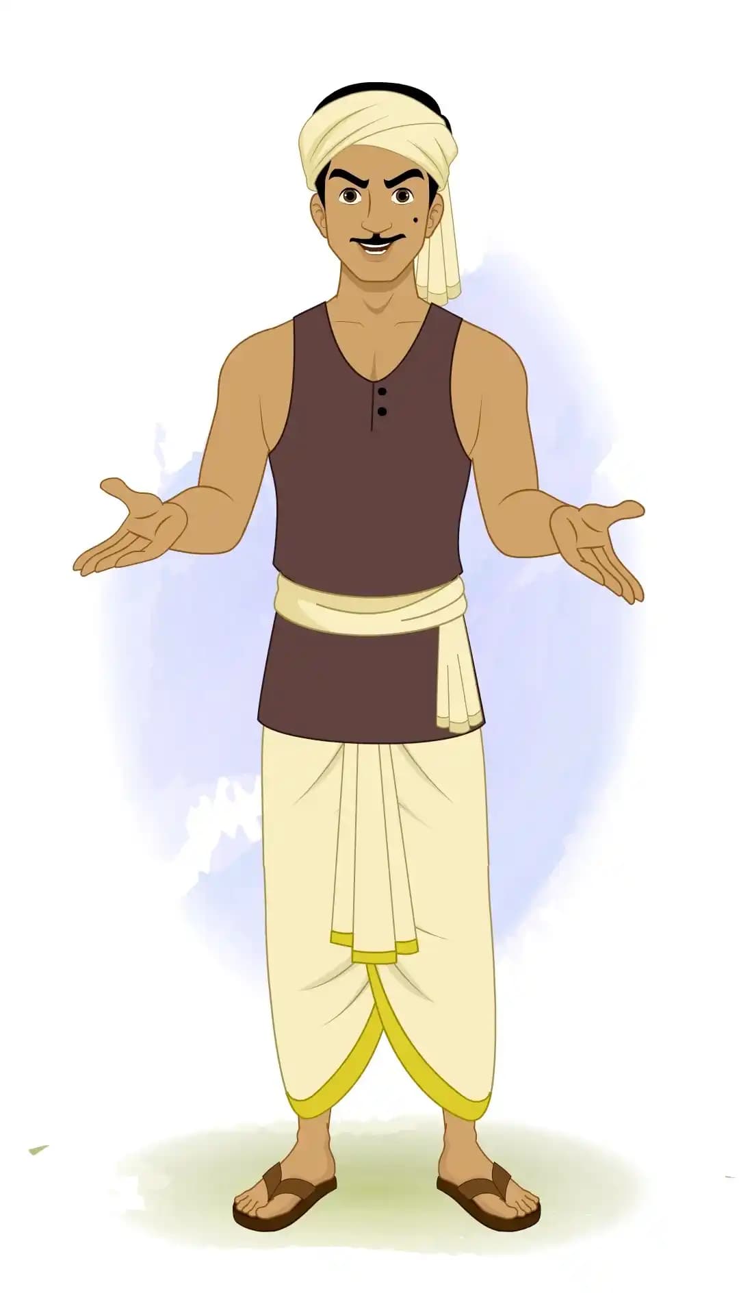 Cartoon Indian thief in a one‑third view talking pose with expressive outstretched hands, wearing dhoti and turban, ready for 2D rigged animation AKA Teza