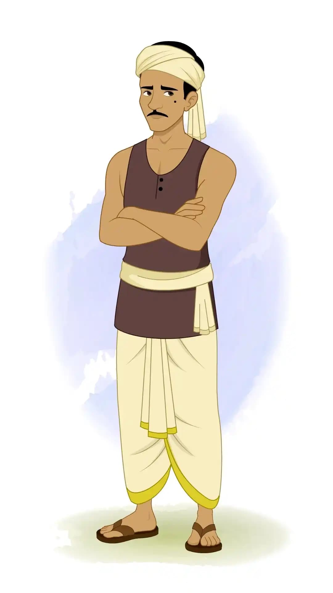A one‑third view of a cartoon Indian thief with arms crossed and a displeased, annoyed expression, ready for 2D rigged animation AKA Teza