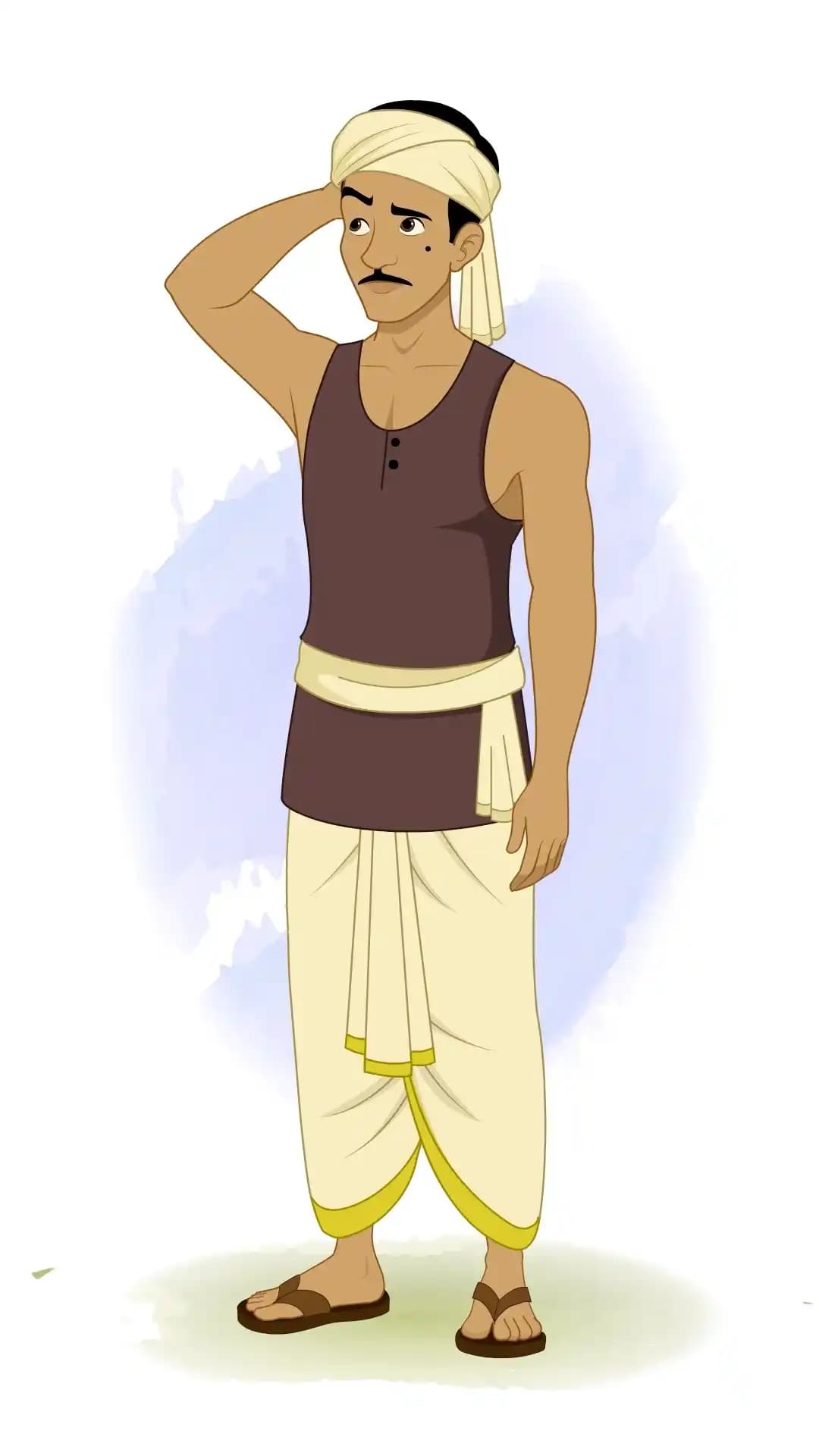 A one‑third view of a cartoon Indian thief scratching his head with a puzzled expression, ready for 2D rigged animation AKA Teza
