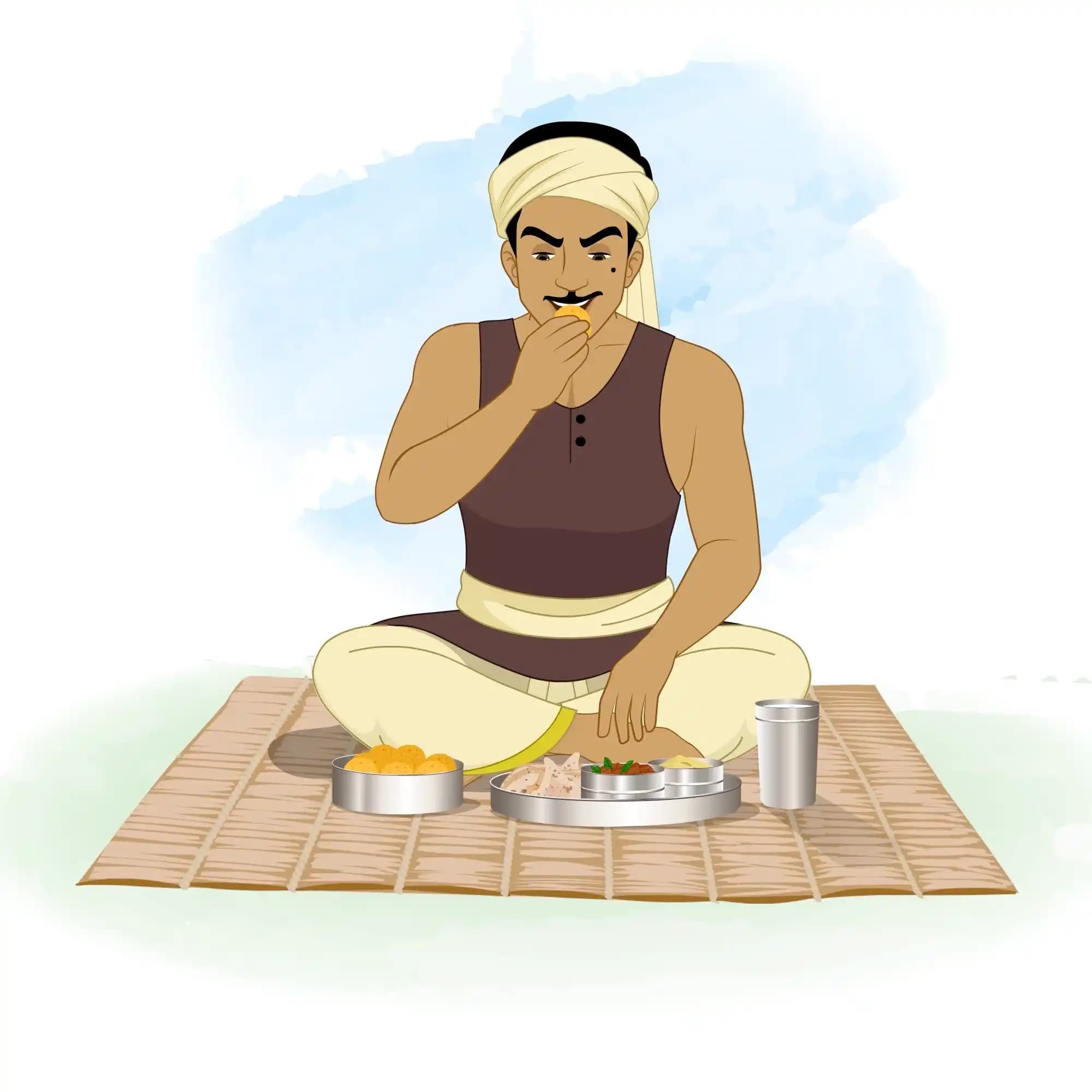 A cartoon Indian thief sits cross‑legged on a woven mat, eating from a metal thali filled with traditional dishes and a steel tumbler at his side AKA Teza