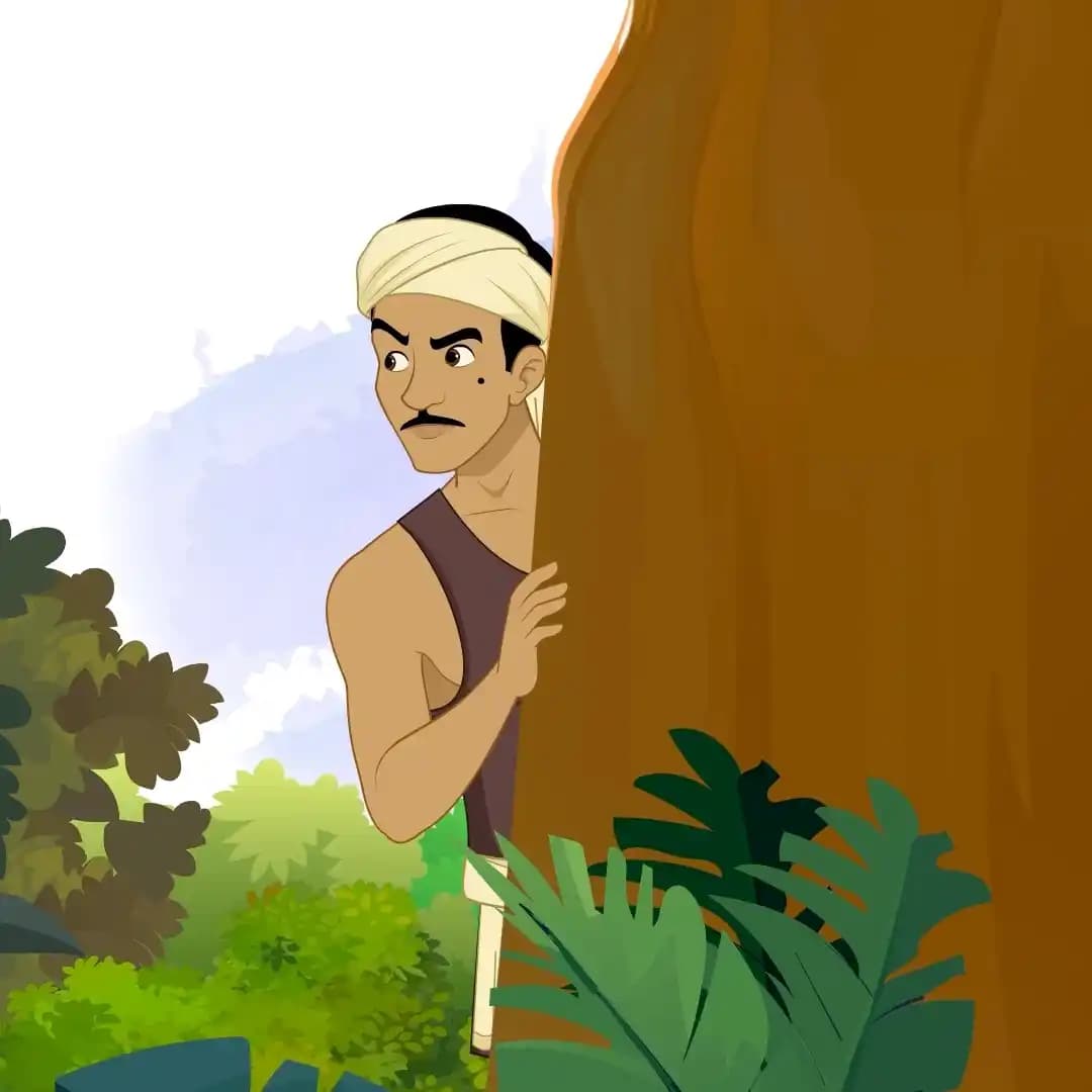 A cartoon Indian thief in traditional dhoti and turban hides behind a large tree, peeking around it with a cautious expression amid dense jungle foliage AKA Teza