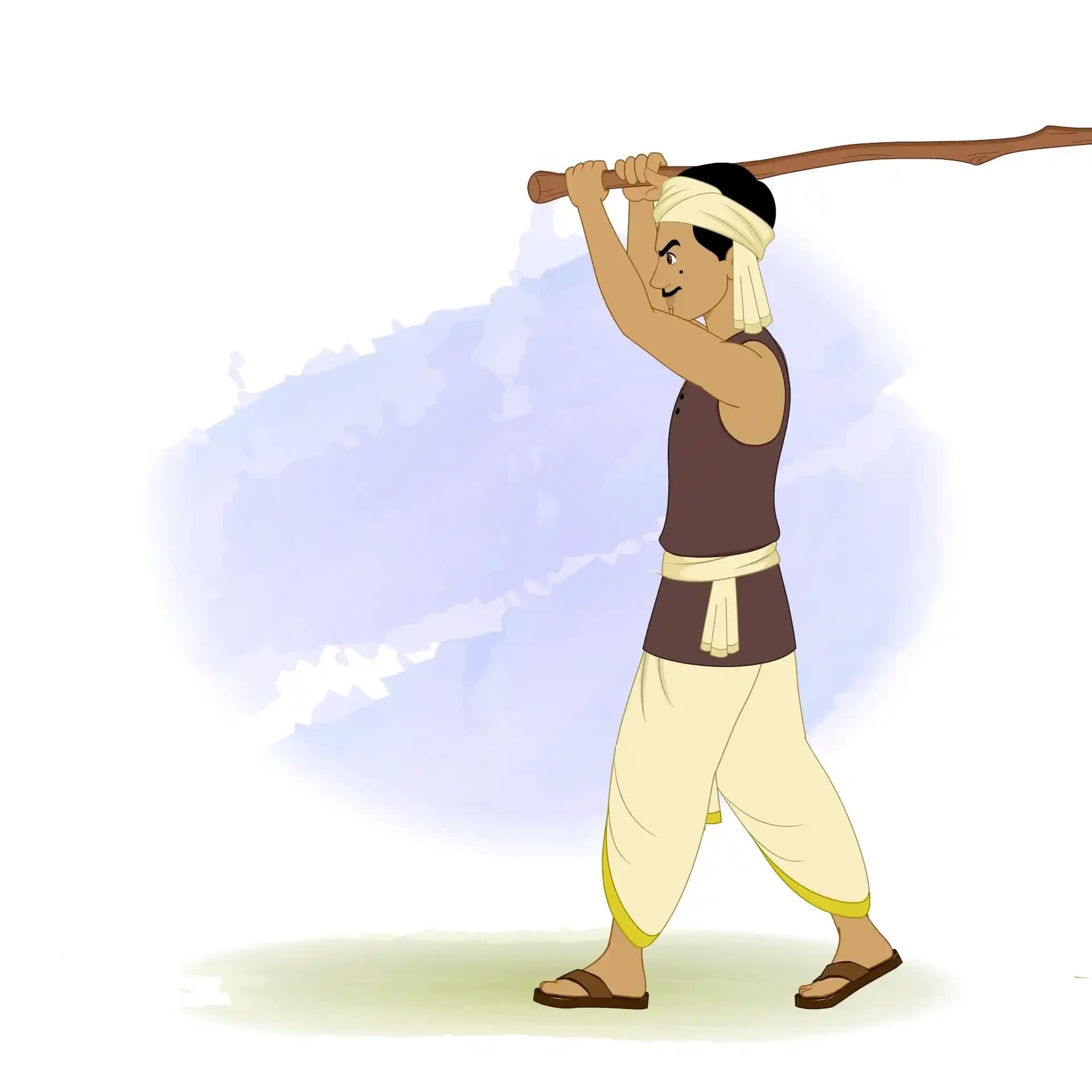A cartoon-style Indian thief swings a long wooden danda (stick) over his head in a dynamic side-view pose against a soft watercolor background AKA Teza