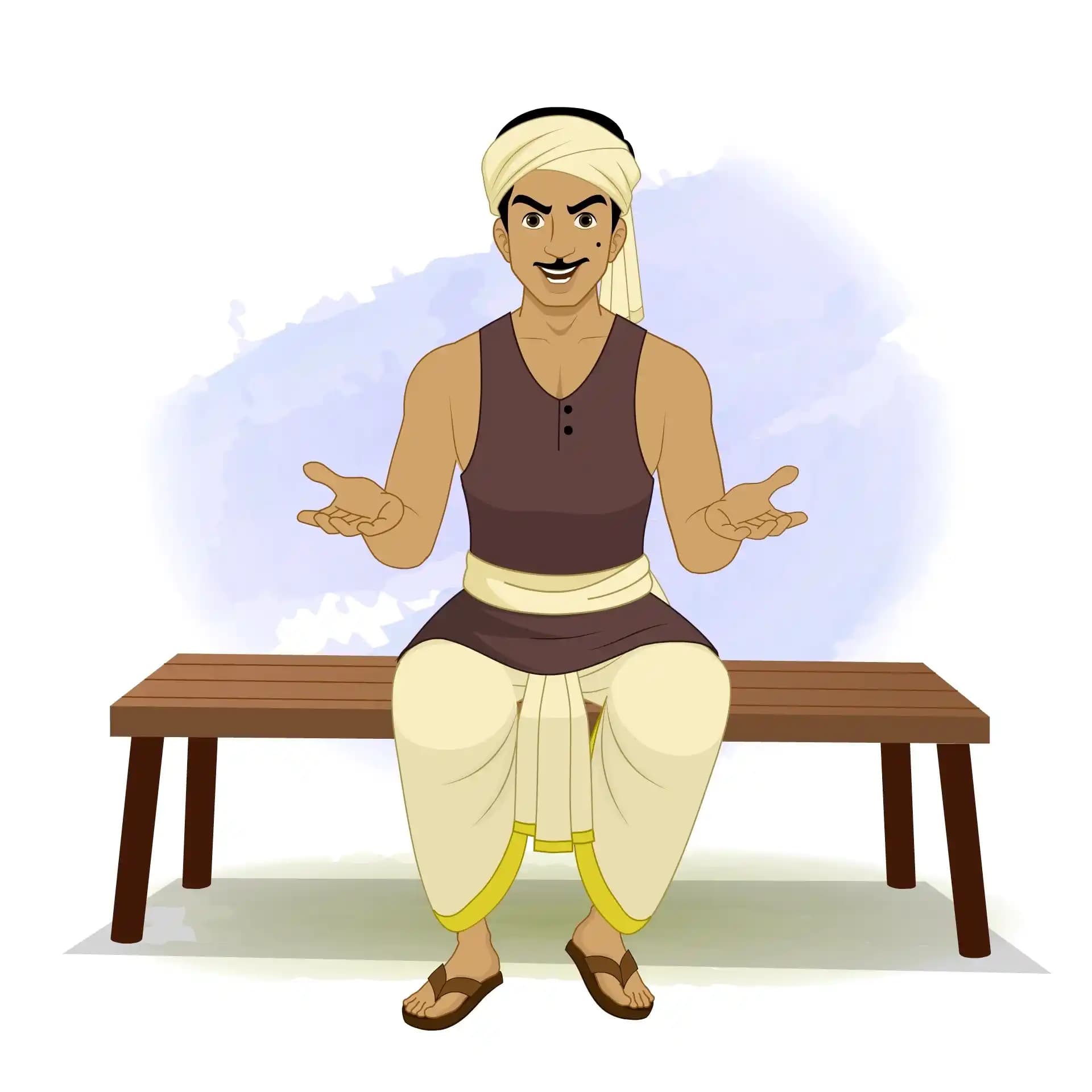 A cartoon-style Indian thief in dhoti and turban sits on a wooden bench, gesturing with open hands as he talks, set against a soft watercolor background AKA Teza