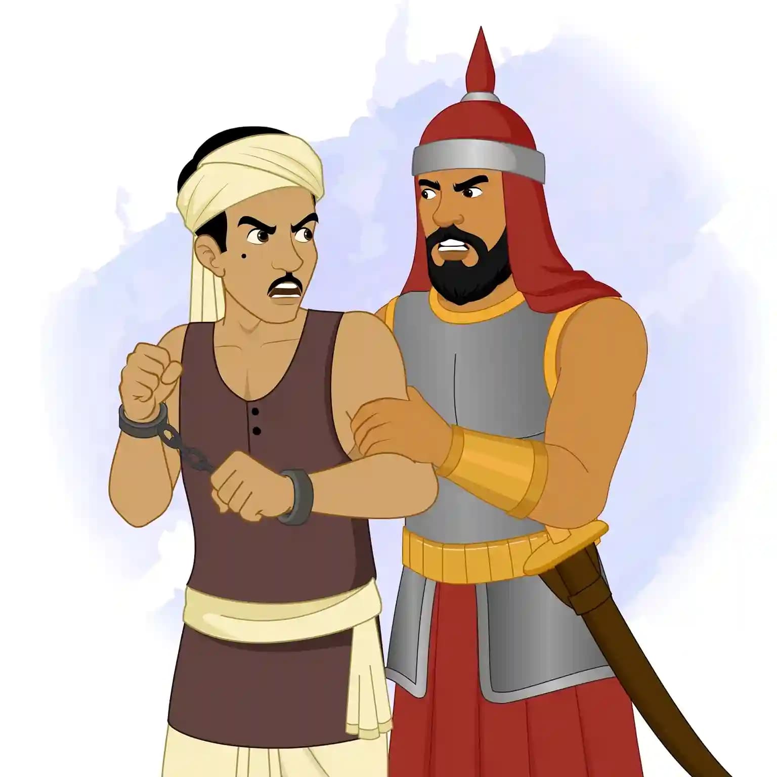 An Indian thief in dhoti and turban, handcuffed and straining, as a stern soldier in medieval armor grips his arm against a soft watercolor backdrop AKA Teza