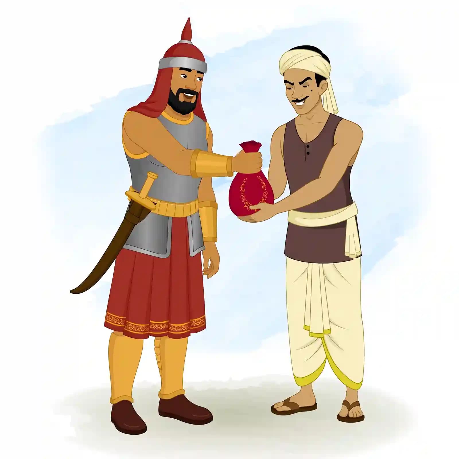 A cunning Indian thief in traditional dhoti and turban gratefully receives a heavy red potli of gold coins from a smiling medieval soldier, illustrated in vibrant 2D cartoon style AKA Teza