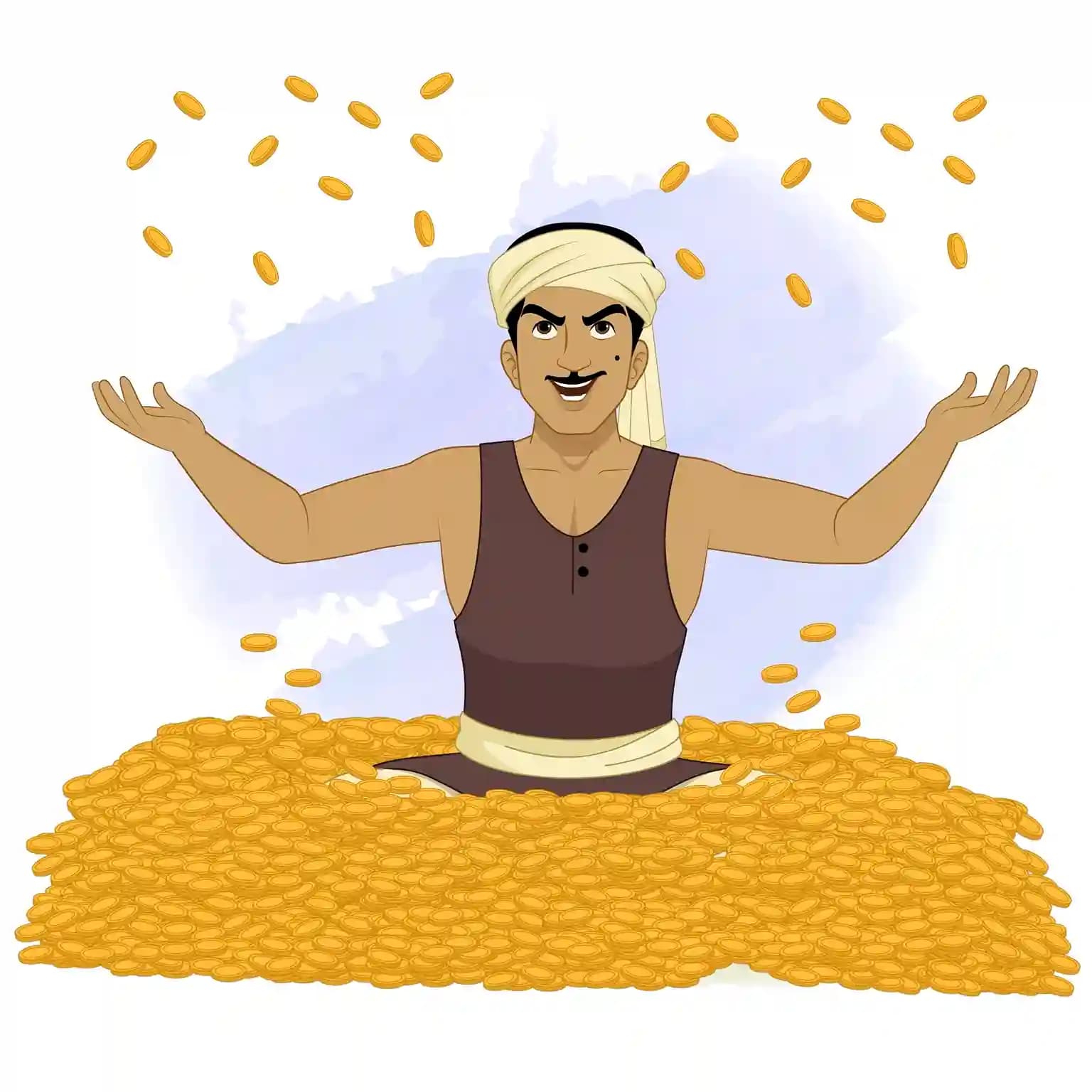A cartoon-style Indian thief gleefully sits in a massive pile of gold coins, tossing coins into the air around him against a soft watercolor backdrop AKA Teza