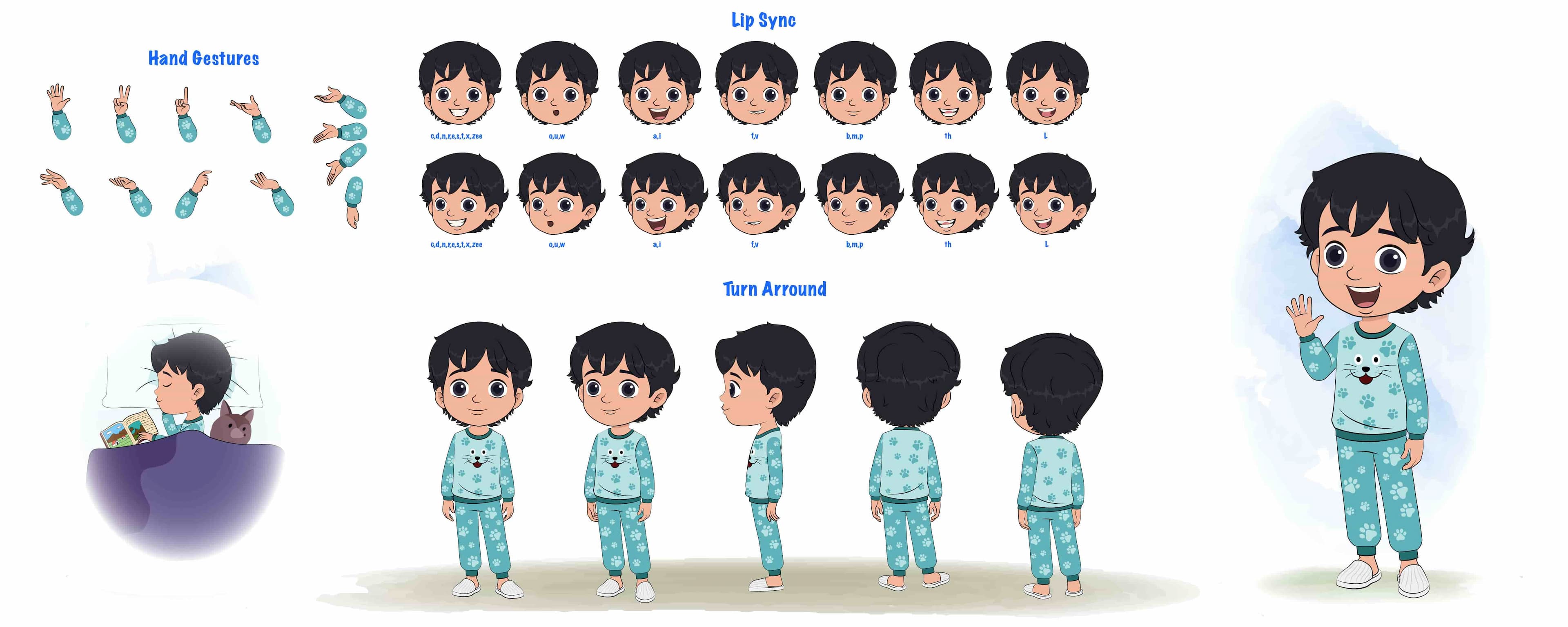 An Indian little boy cartoon character construction/model sheet aka min min