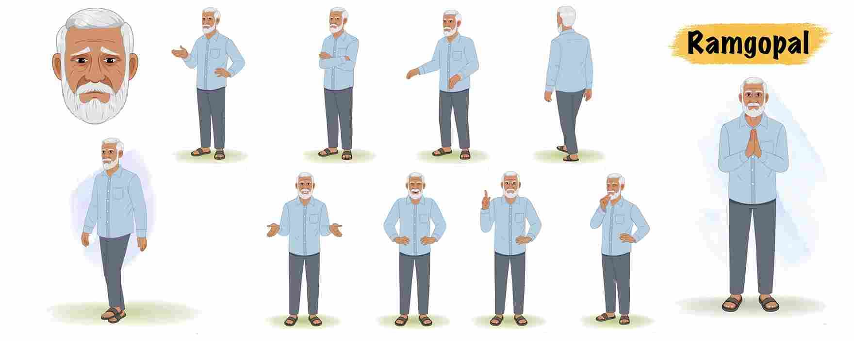 Indian elder man animated vector cartoon character model sheet AKA Ramgopal