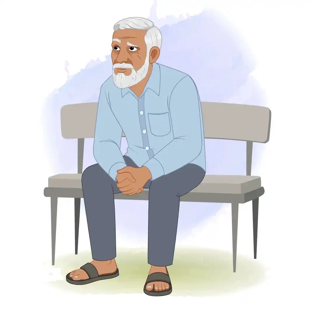 An Indian elder man sitting in bench animated vector cartoon character AKA Ramgopal